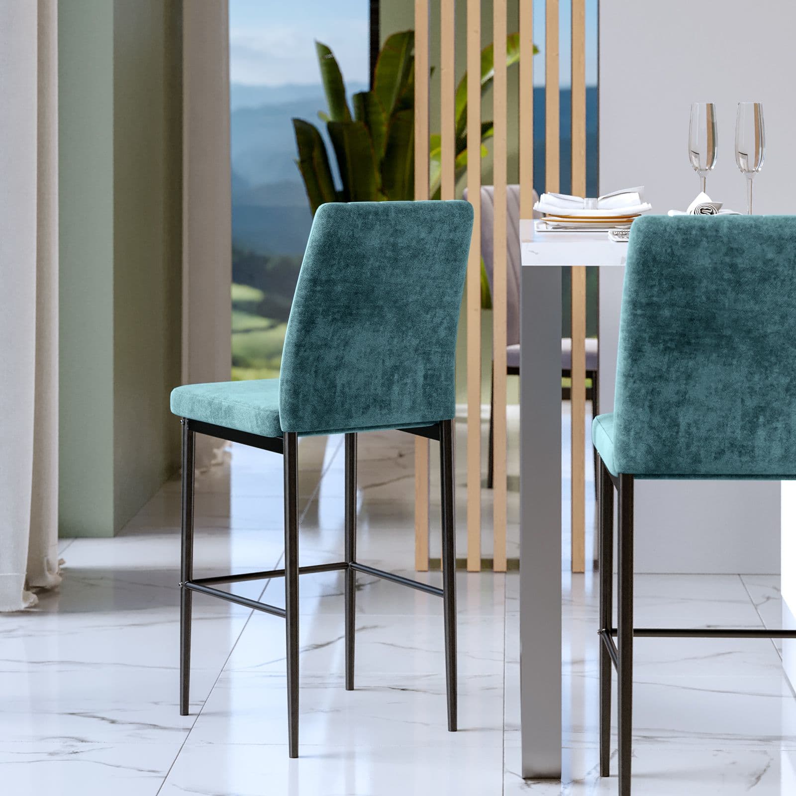 Set 4 sgabelli in tessuto effetto maglia blu petrolio con gambe in metallo nero - Allegra