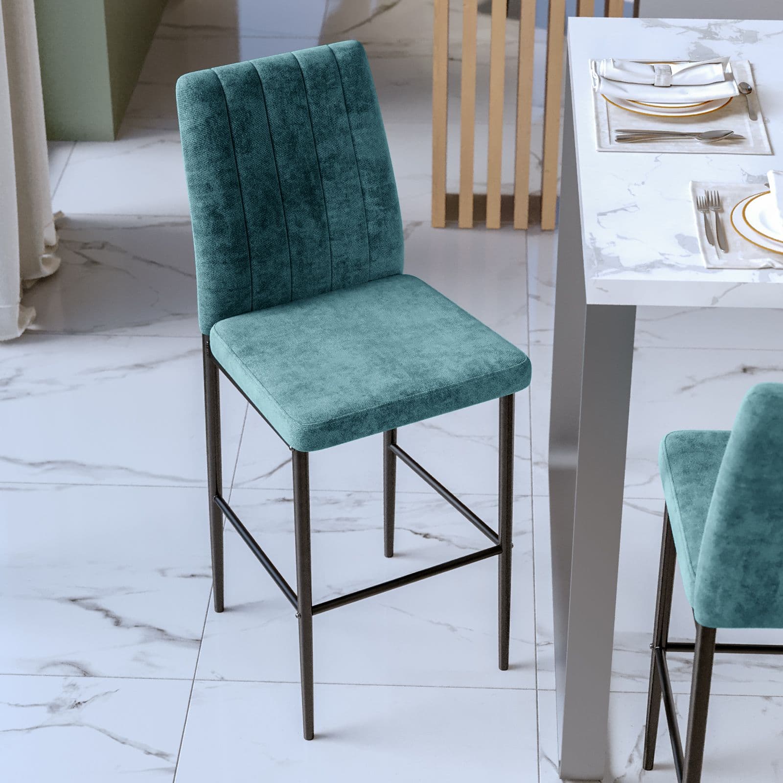 Set 4 sgabelli in tessuto effetto maglia blu petrolio con gambe in metallo nero - Allegra
