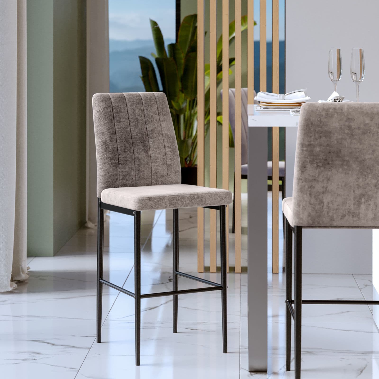 Set 4 sgabelli in tessuto effetto maglia grigio con gambe in metallo nero - Allegra