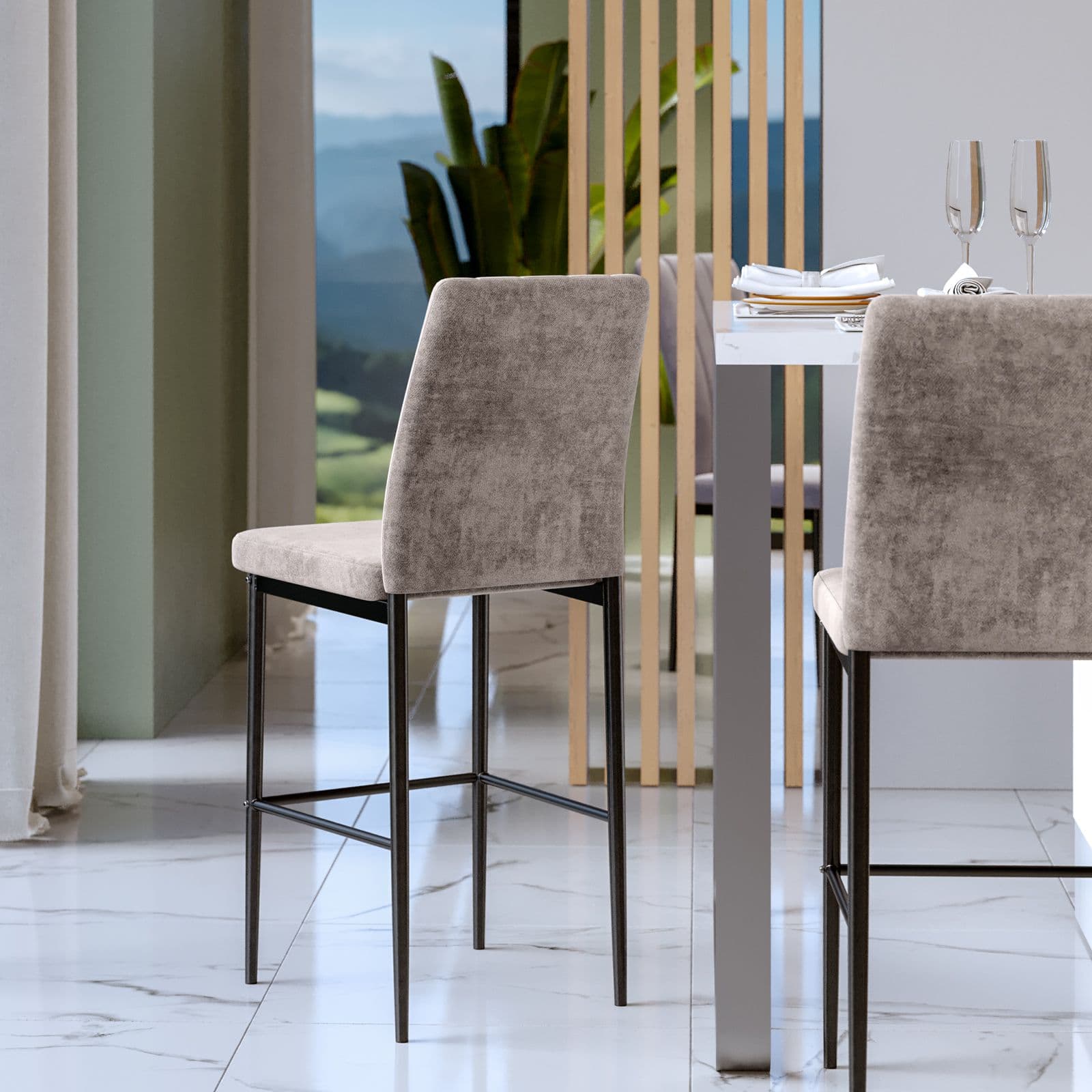 Set 4 sgabelli in tessuto effetto maglia grigio con gambe in metallo nero - Allegra