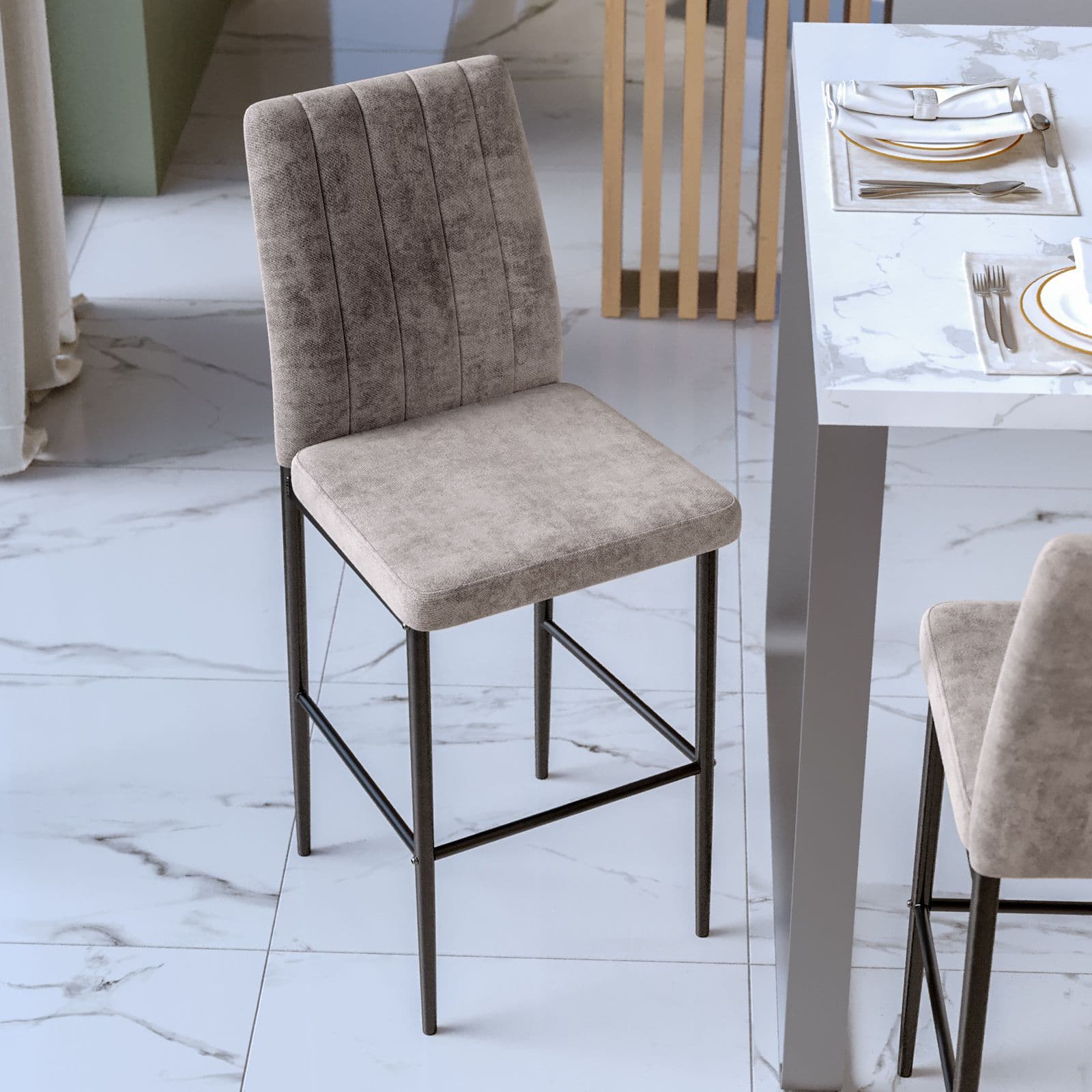 Set 4 sgabelli in tessuto effetto maglia grigio con gambe in metallo nero - Allegra