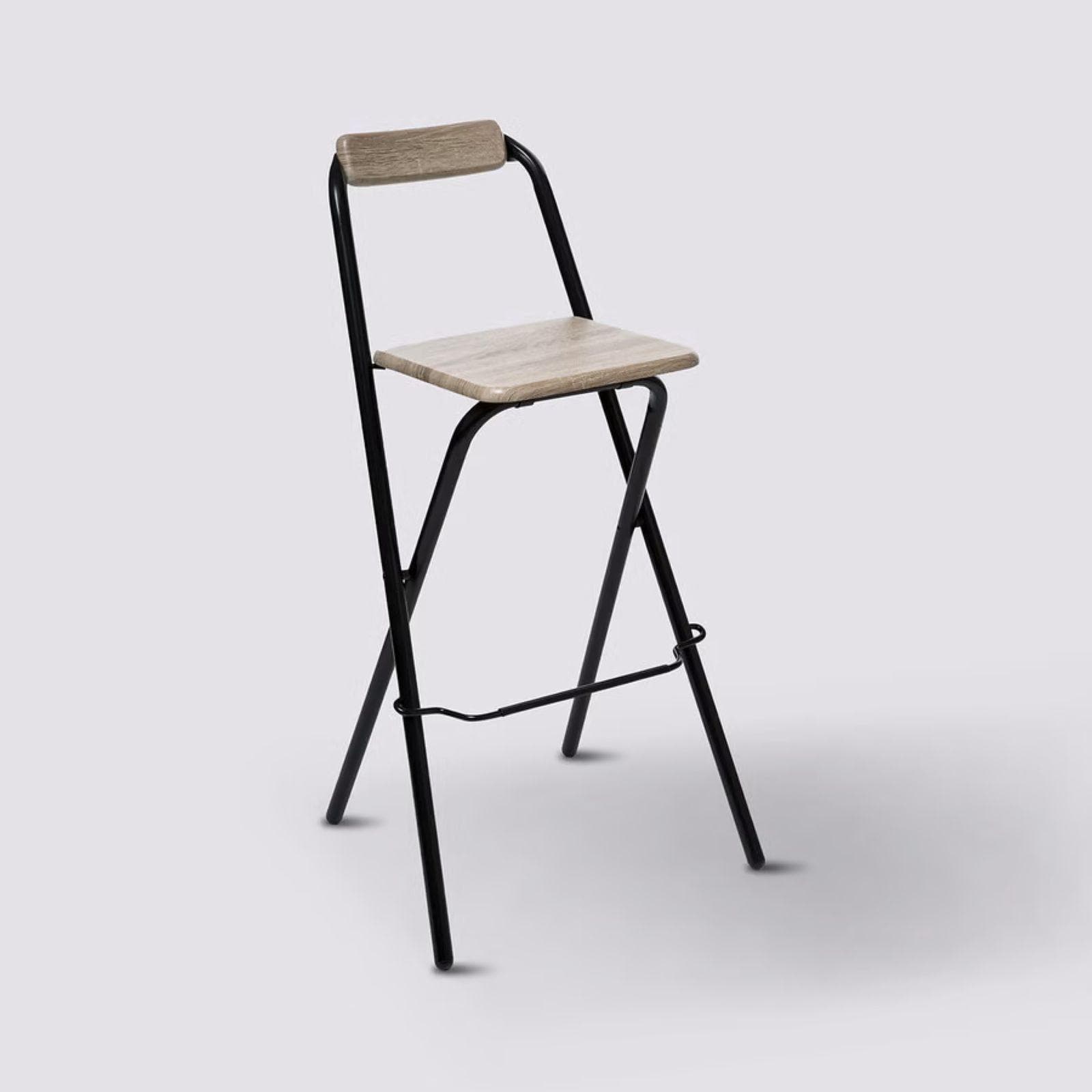 Set 4 sgabelli pieghevoli in acciaio nero e legno effetto rovere con poggiapiedi - Asling