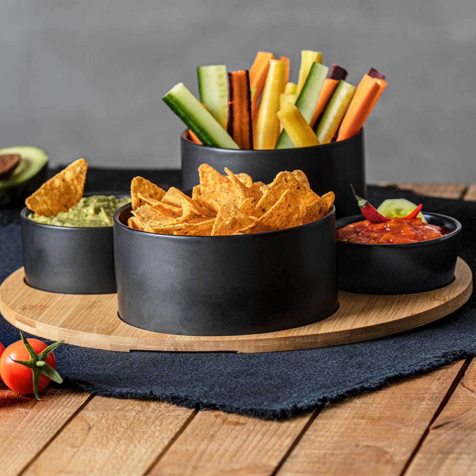 Set 5 accessori per aperitivo rotondo 33 cm in bambù naturale e ceramica nero