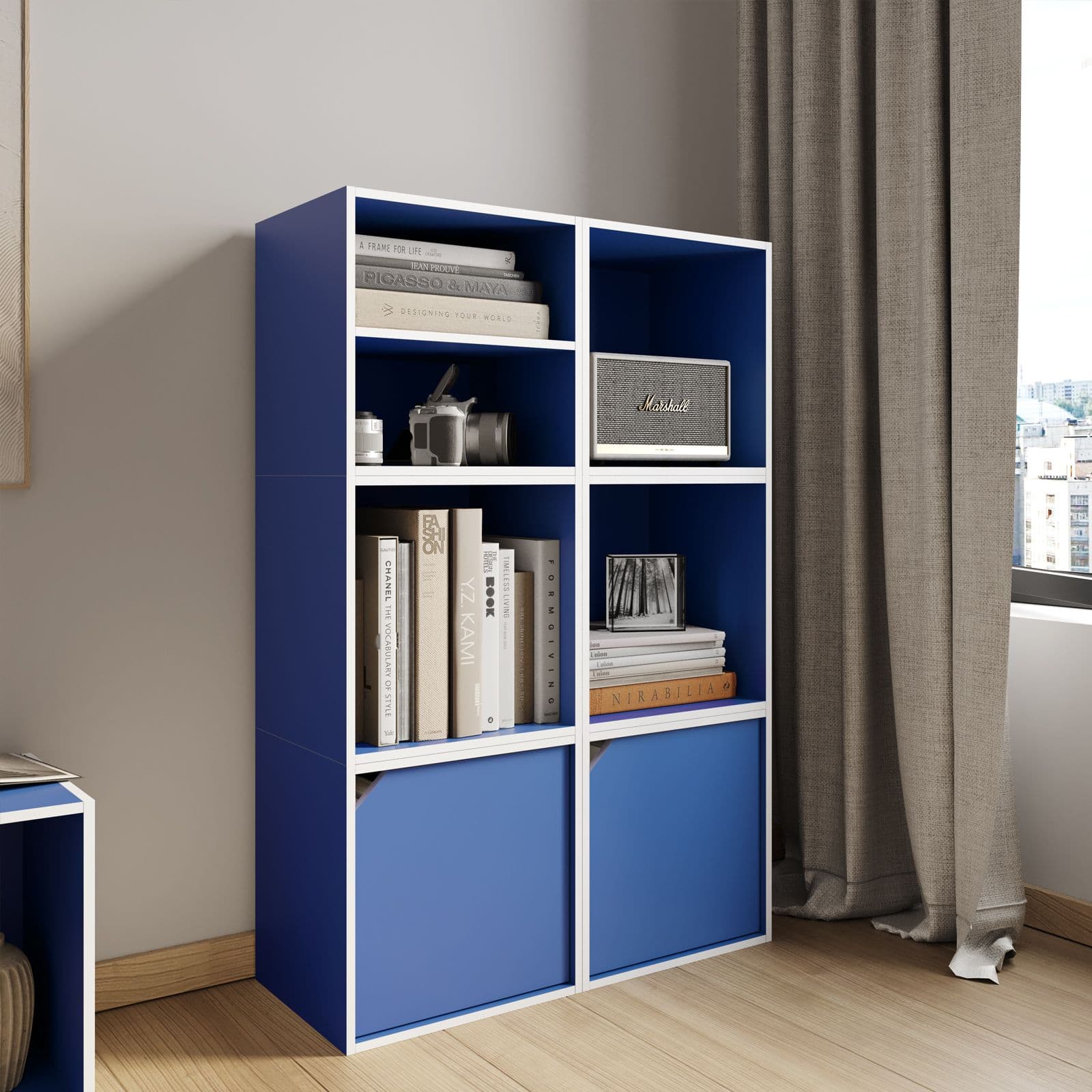 Set 6 cubi modulari blu con ante e ripiani - Puzzle