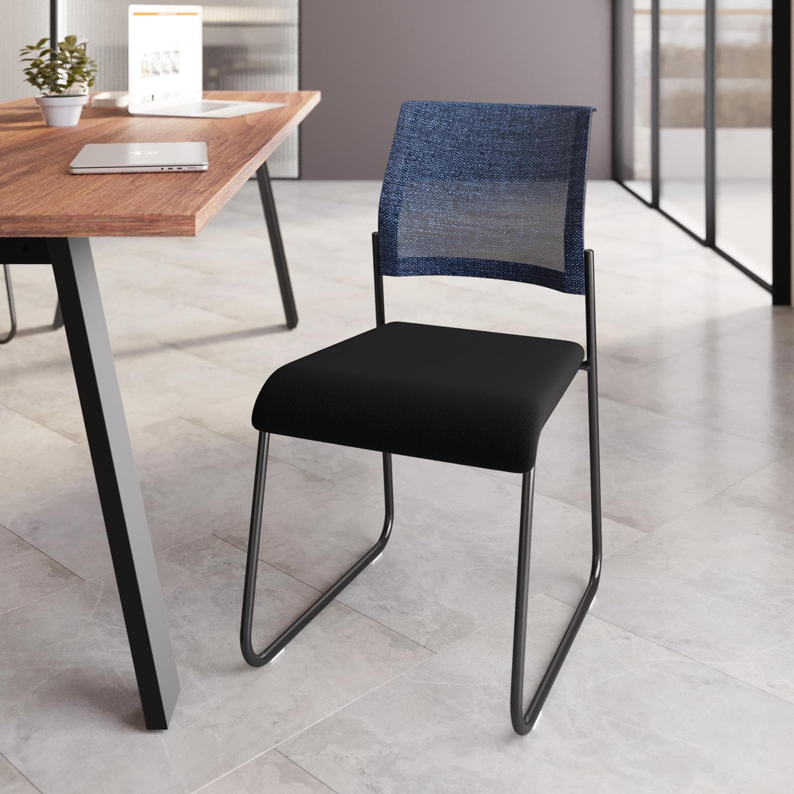 Set 6 sedie da ufficio in tessuto blu e nero con gambe in metallo nero - Devika