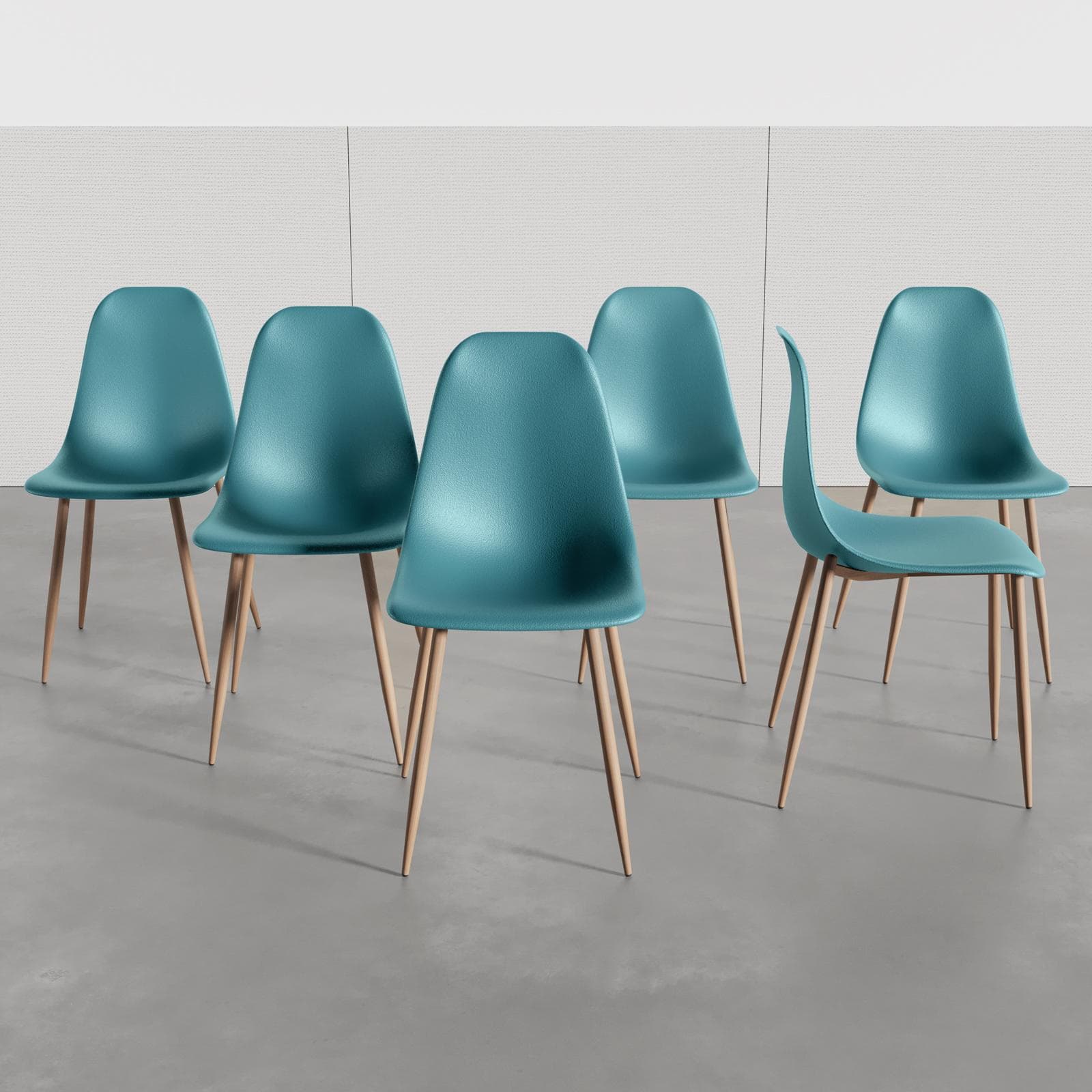 Set 6 sedie in polipropilene blu e con gambe effetto legno - Kaily