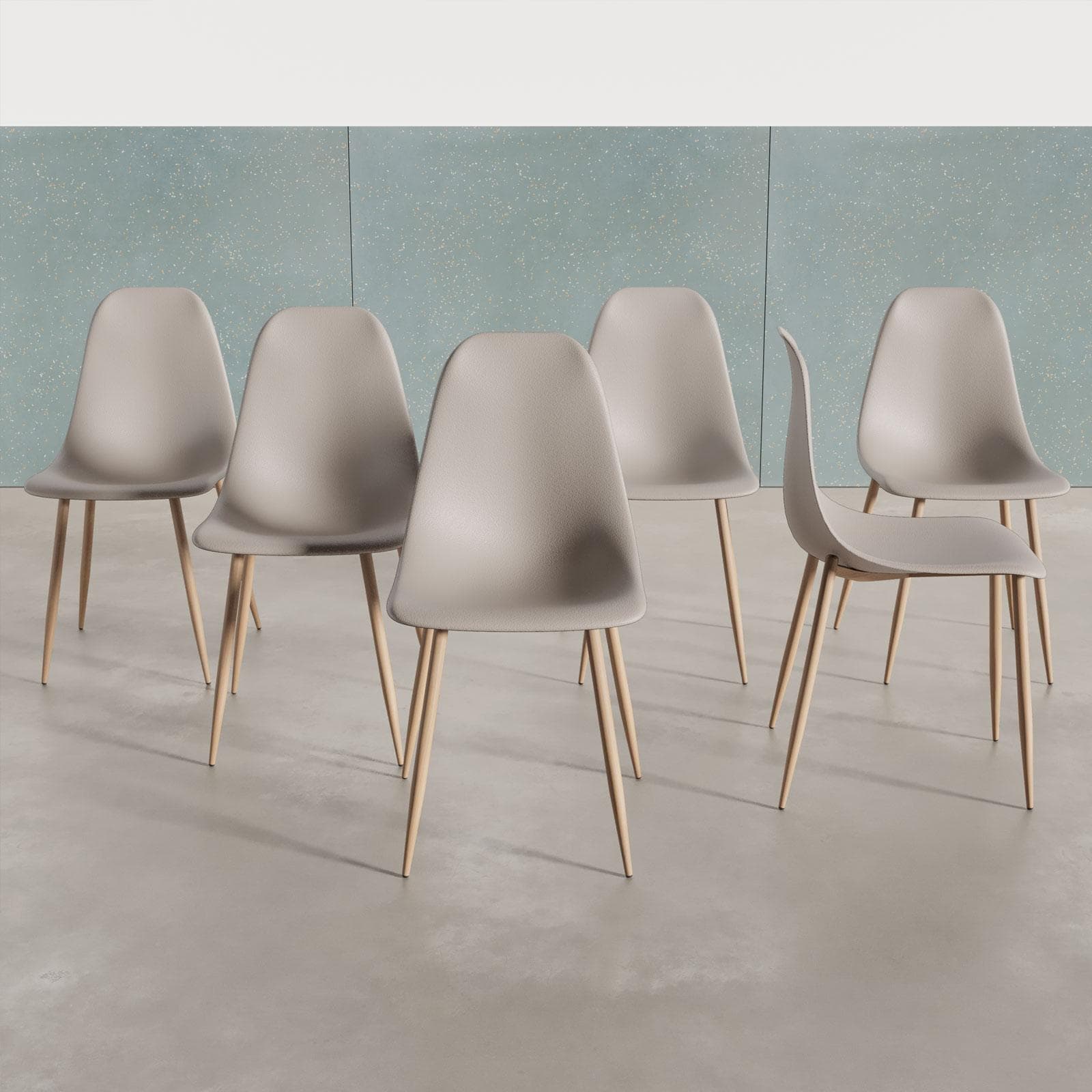 Set 6 sedie in polipropilene tortora con gambe effetto legno - Kaily