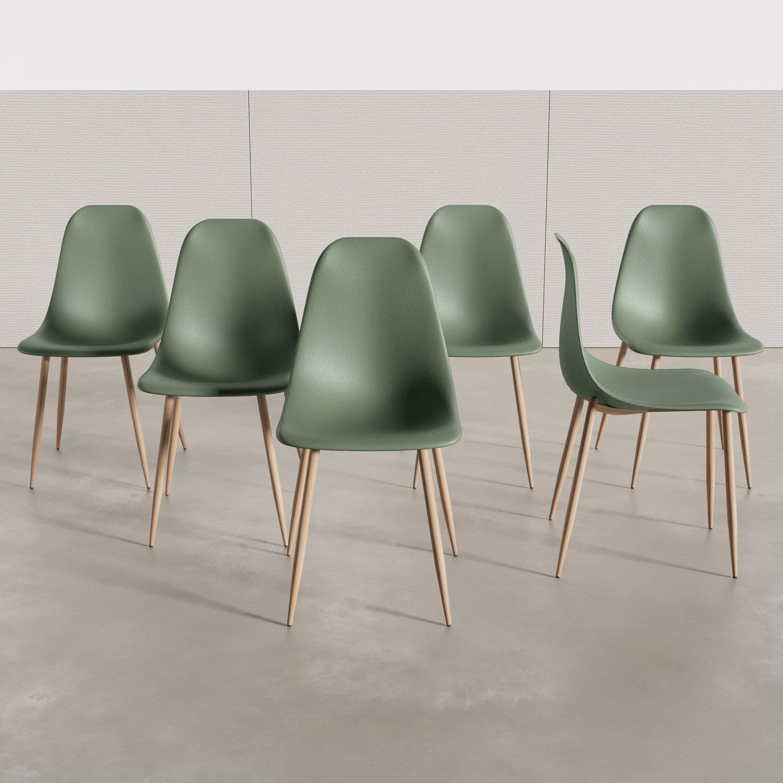 Set 6 sedie in polipropilene verde bosco con gambe effetto legno - Kaily