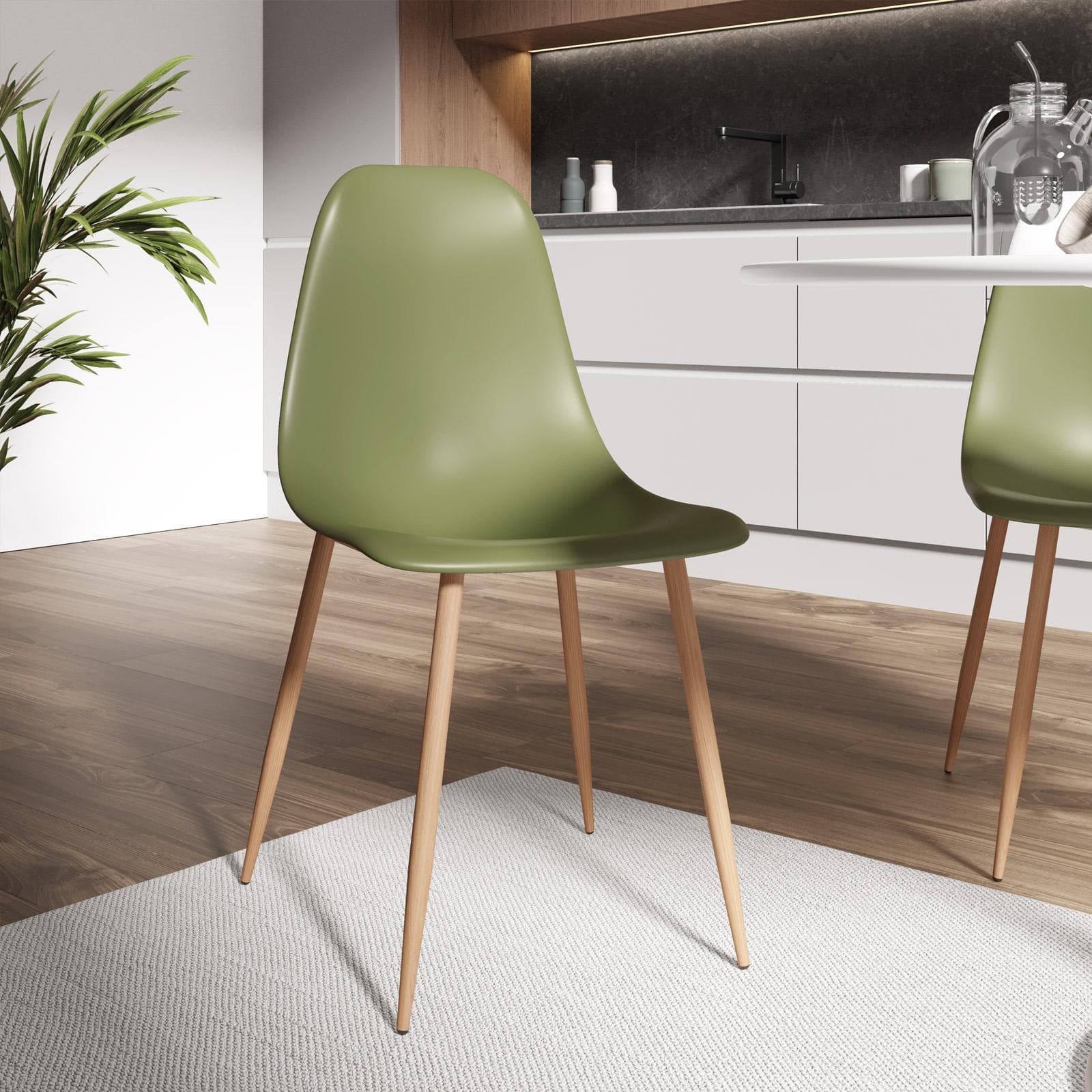 Set 6 sedie in polipropilene verde oliva e gambe effetto legno - Kaily