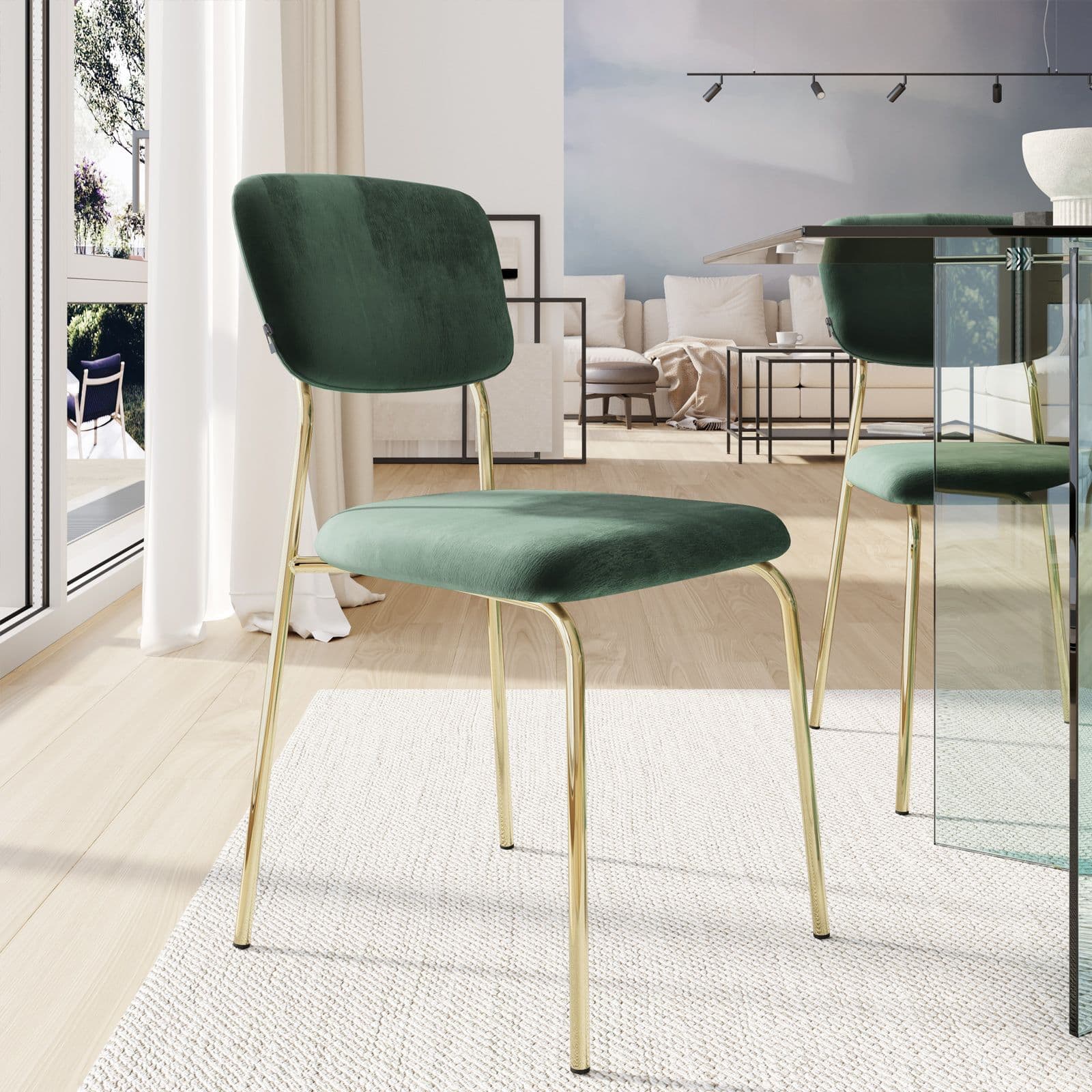 Set 6 sedie in velluto verde bosco con gambe in metallo oro - Perry