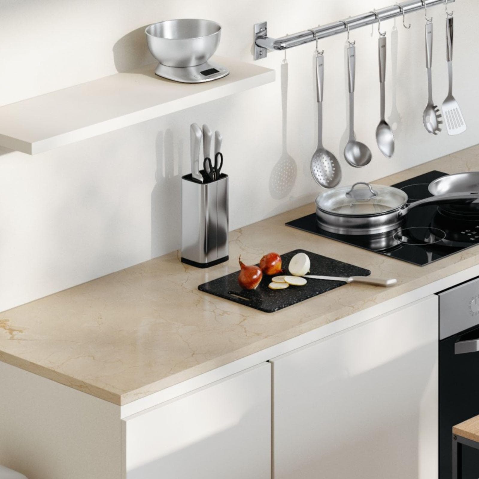 Set 7 utensili da cucina in acciaio inox cromo e nero