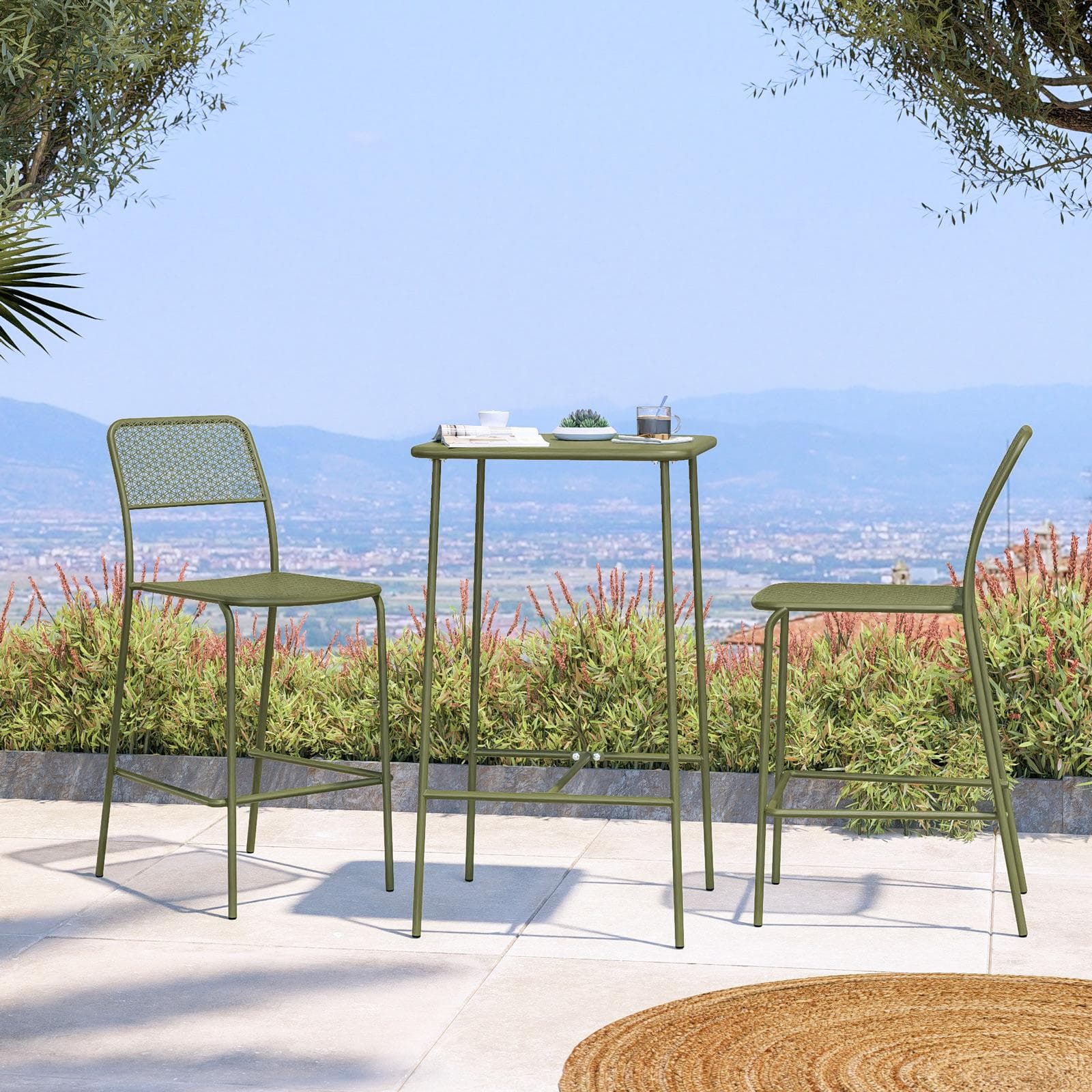 Set bistrot con tavolo alto e 2 sgabelli in acciaio verde oliva - Faber