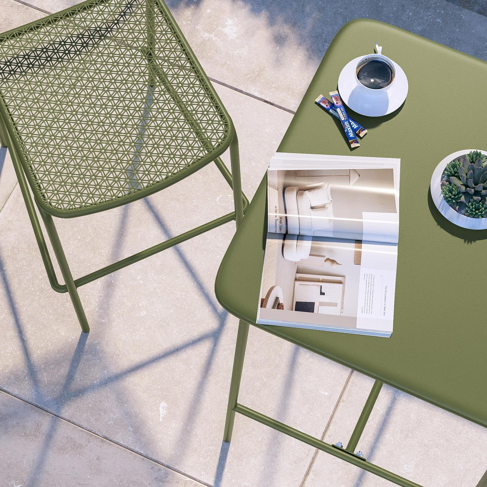 Set bistrot con tavolo alto e 2 sgabelli in acciaio verde oliva - Faber