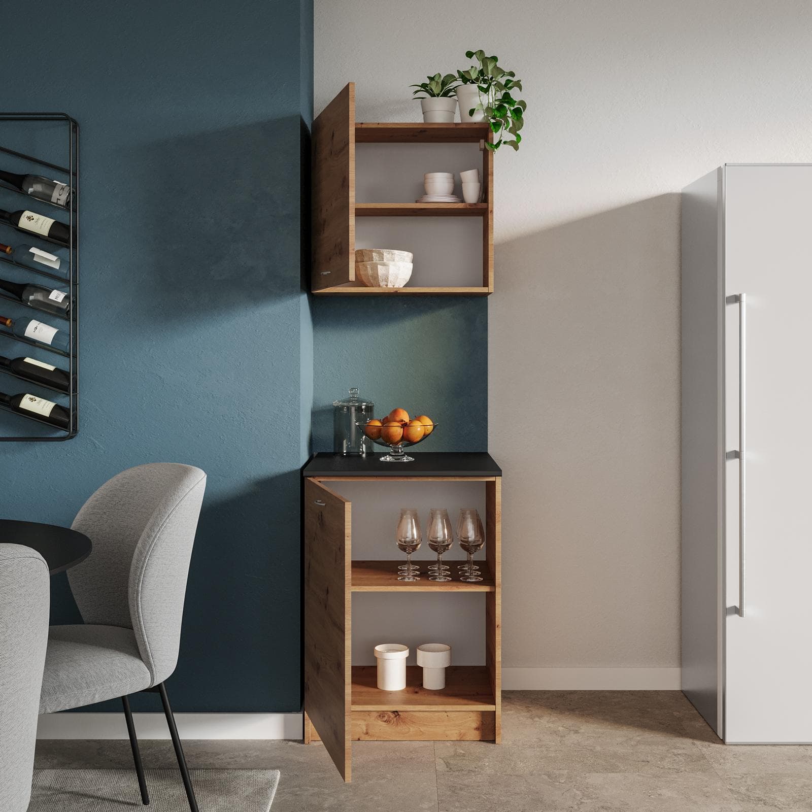 Set base e pensile 60 cm rovere rustico e top nero con 2 ante - Sorbona
