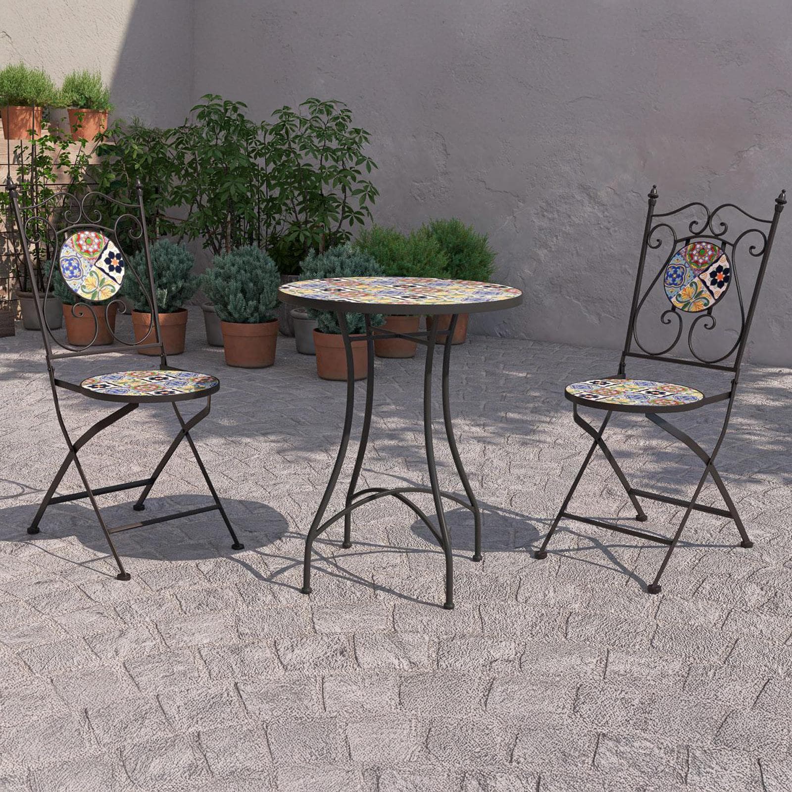 Set bistrot con 2 sedie e tavolo rotondo 60 cm decorazione maiolica toni freddi - Otranto