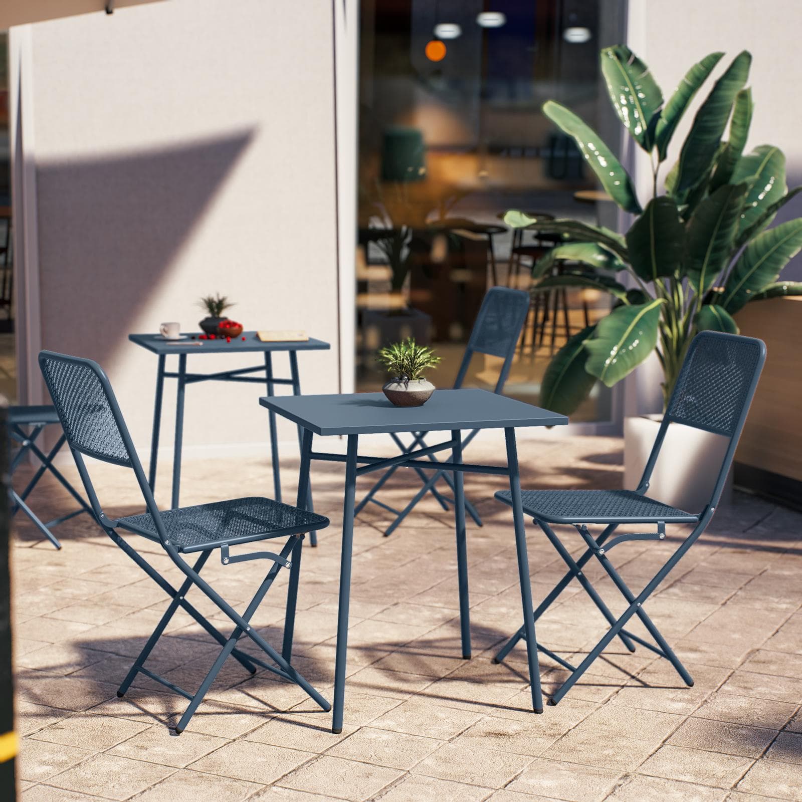 Set bistrot con tavolo 60x60 cm e 2 sedie pieghevoli in acciaio blu oceano - Faber
