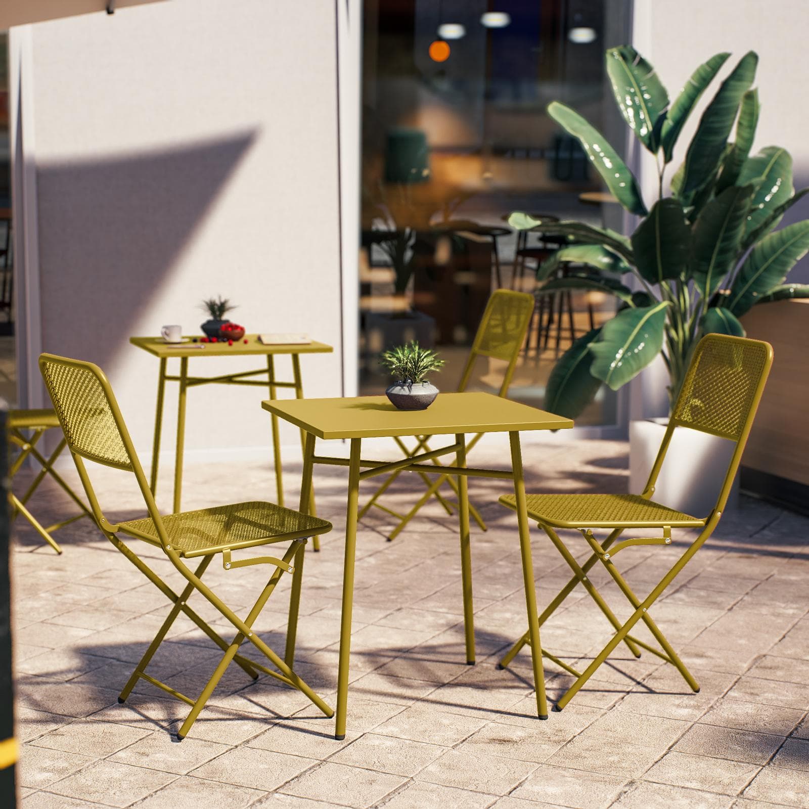 Set bistrot con tavolo 60x60 cm e 2 sedie pieghevoli in acciaio senape - Faber