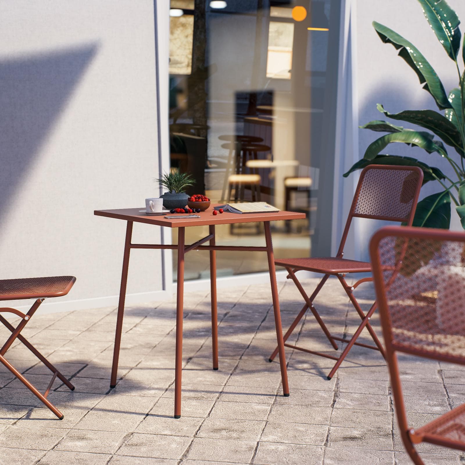 Set bistrot con tavolo 60x60 cm e 2 sedie pieghevoli in acciaio terracotta - Faber