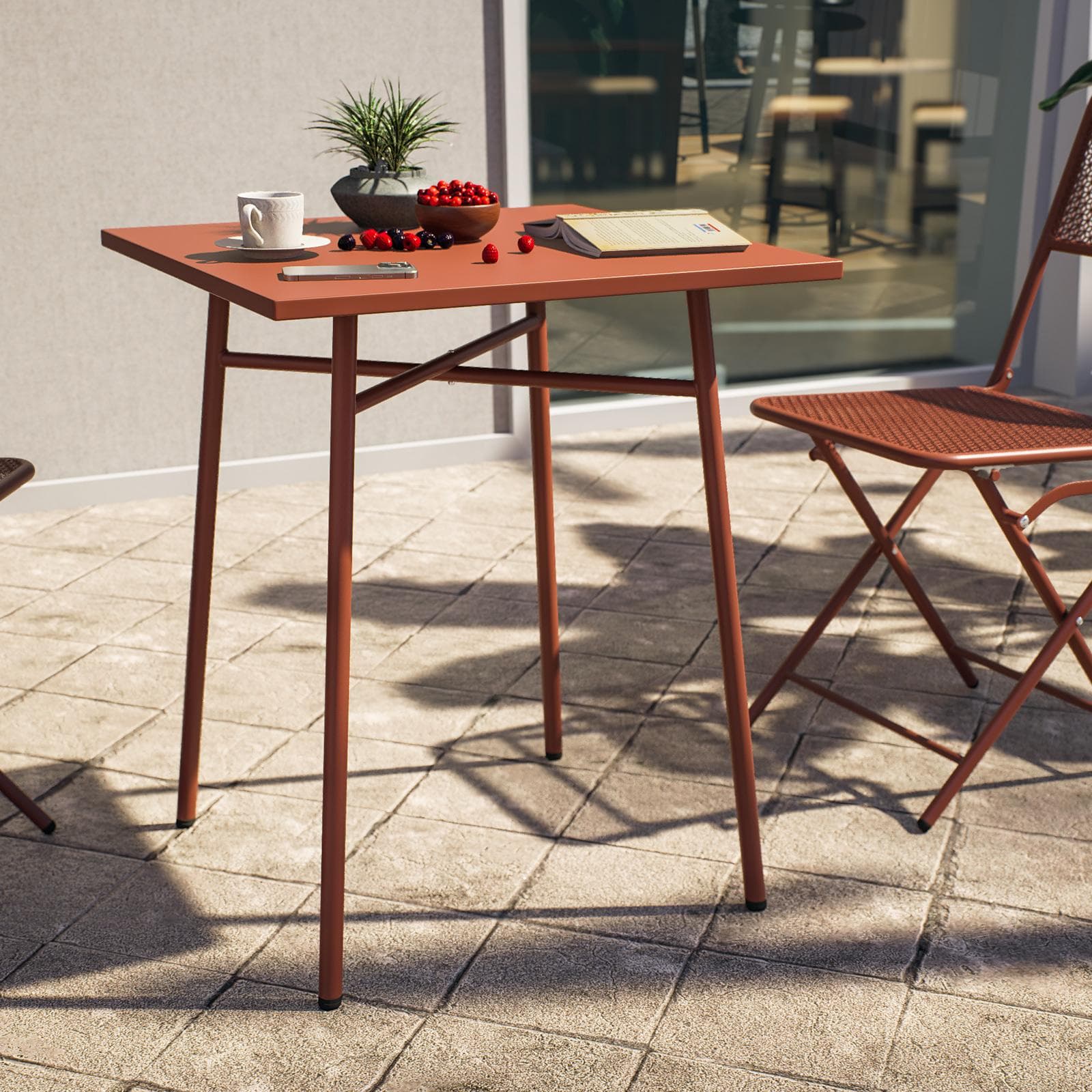 Set bistrot con tavolo 60x60 cm e 2 sedie pieghevoli in acciaio terracotta - Faber