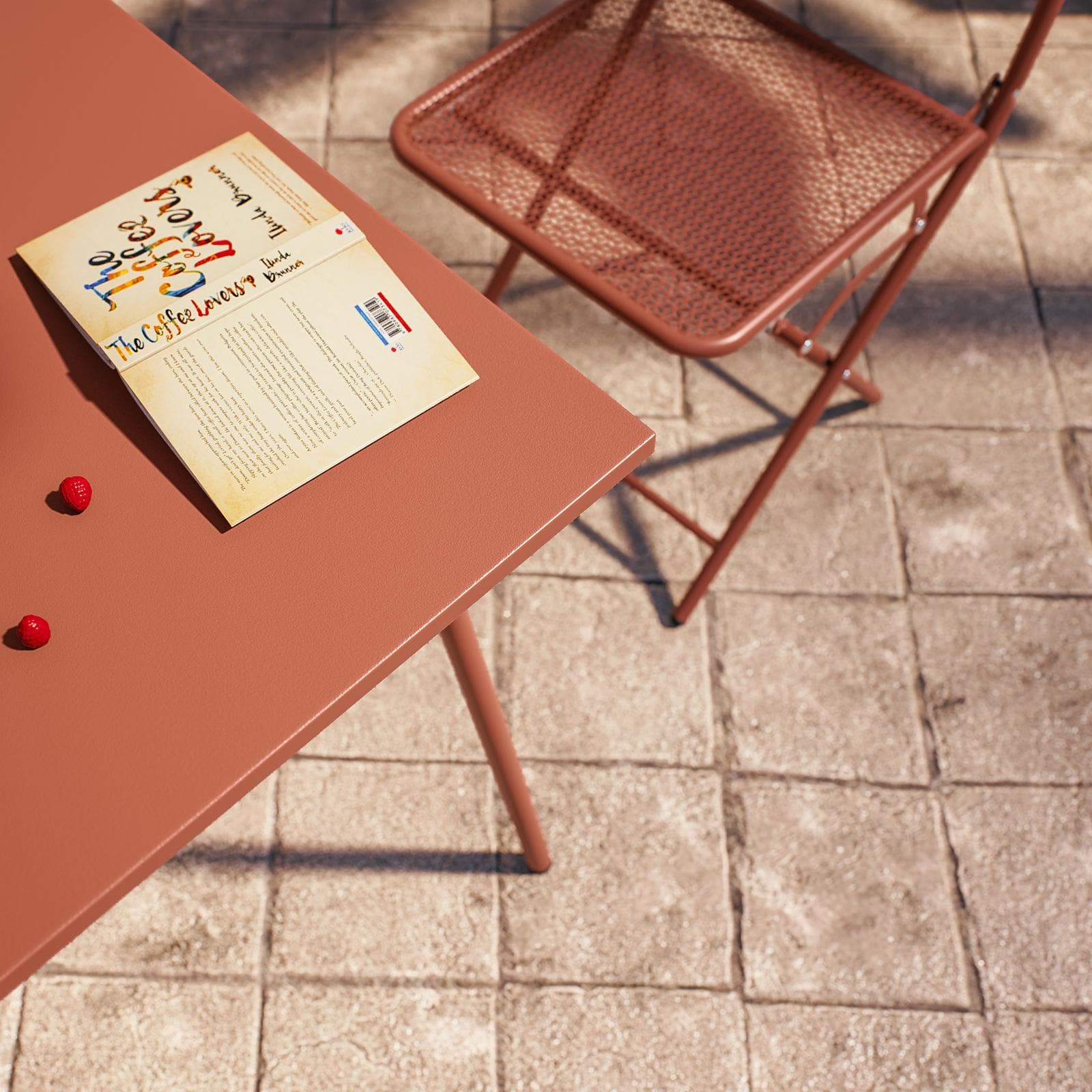 Set bistrot con tavolo 60x60 cm e 2 sedie pieghevoli in acciaio terracotta - Faber