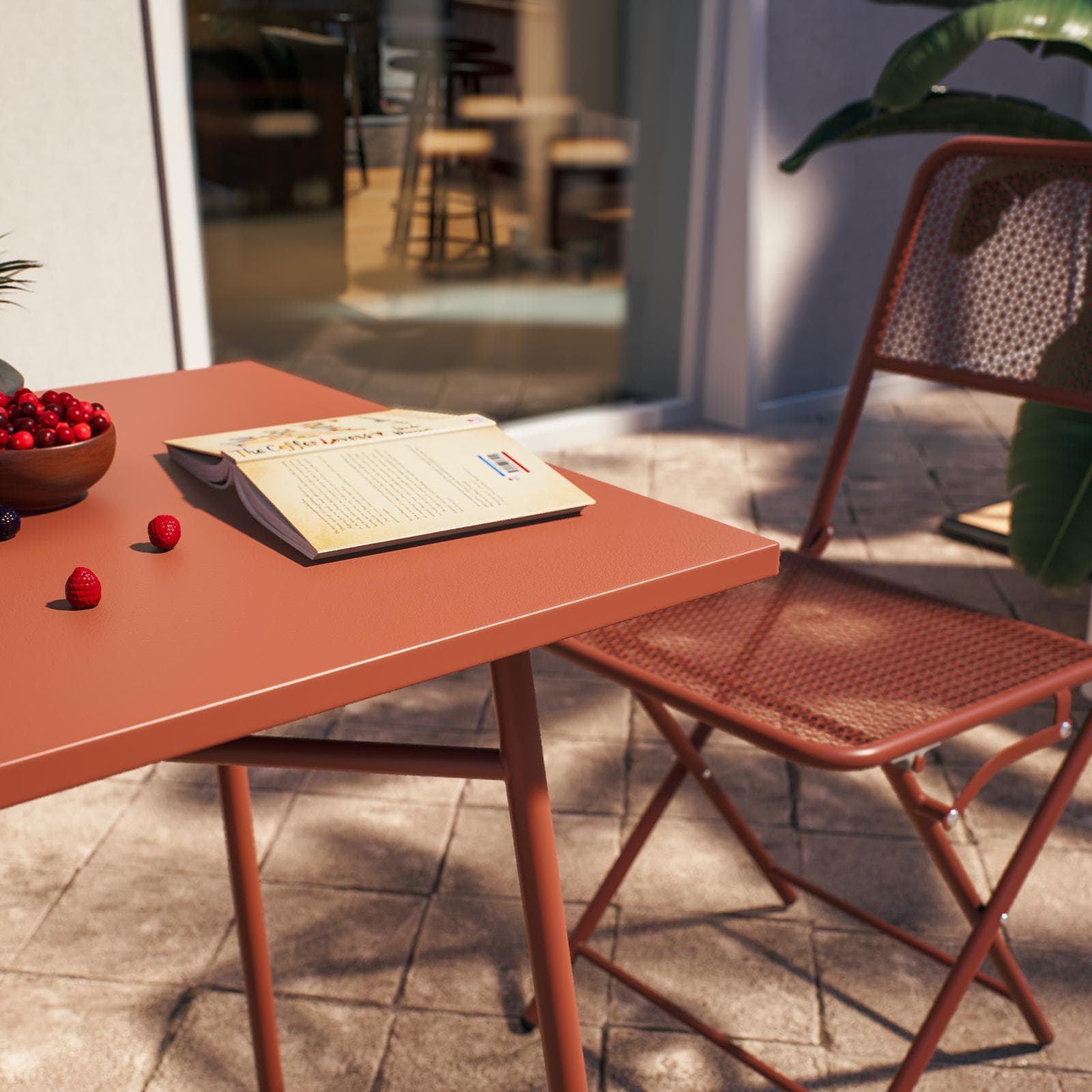 Set bistrot con tavolo 60x60 cm e 2 sedie pieghevoli in acciaio terracotta - Faber