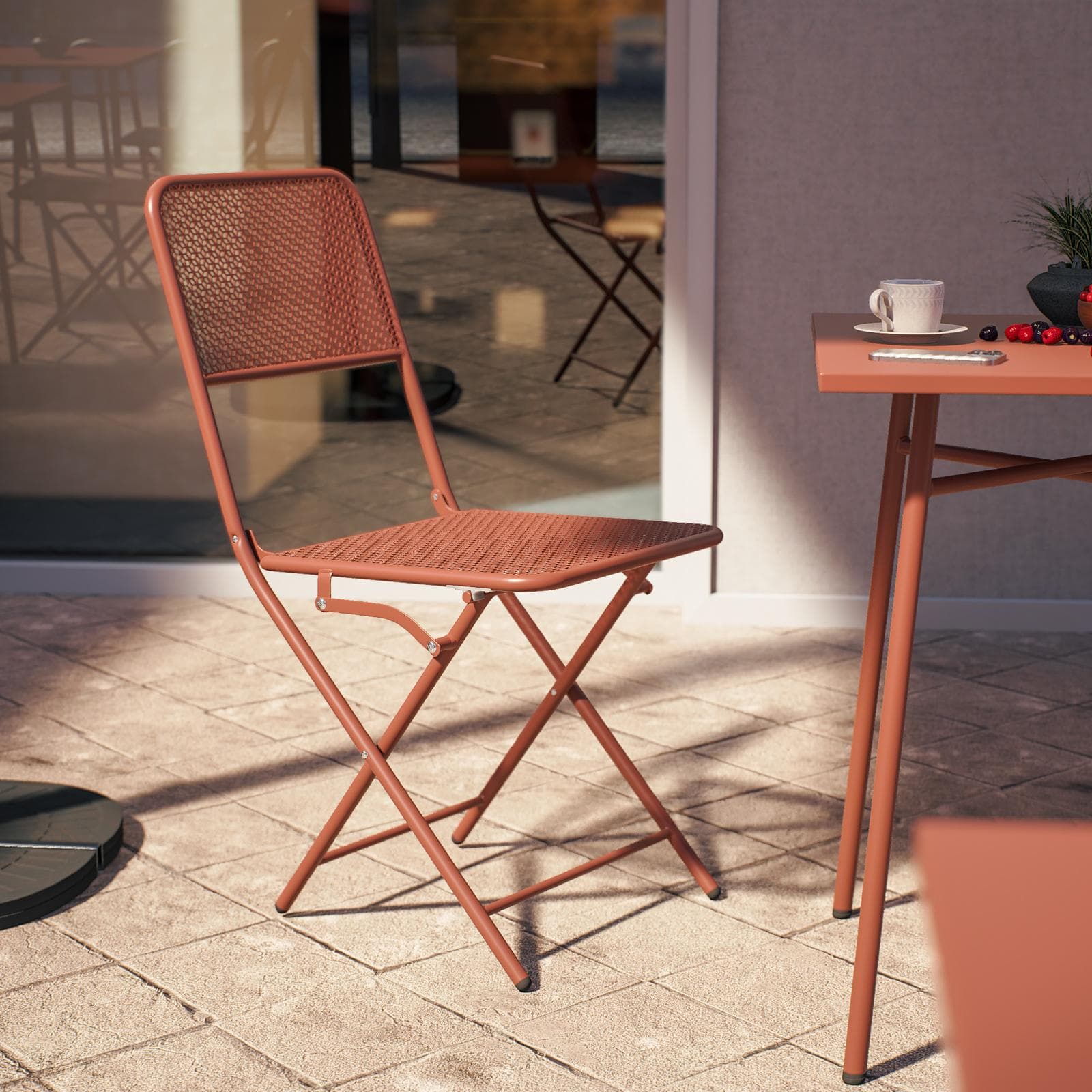 Set bistrot con tavolo 60x60 cm e 2 sedie pieghevoli in acciaio terracotta - Faber