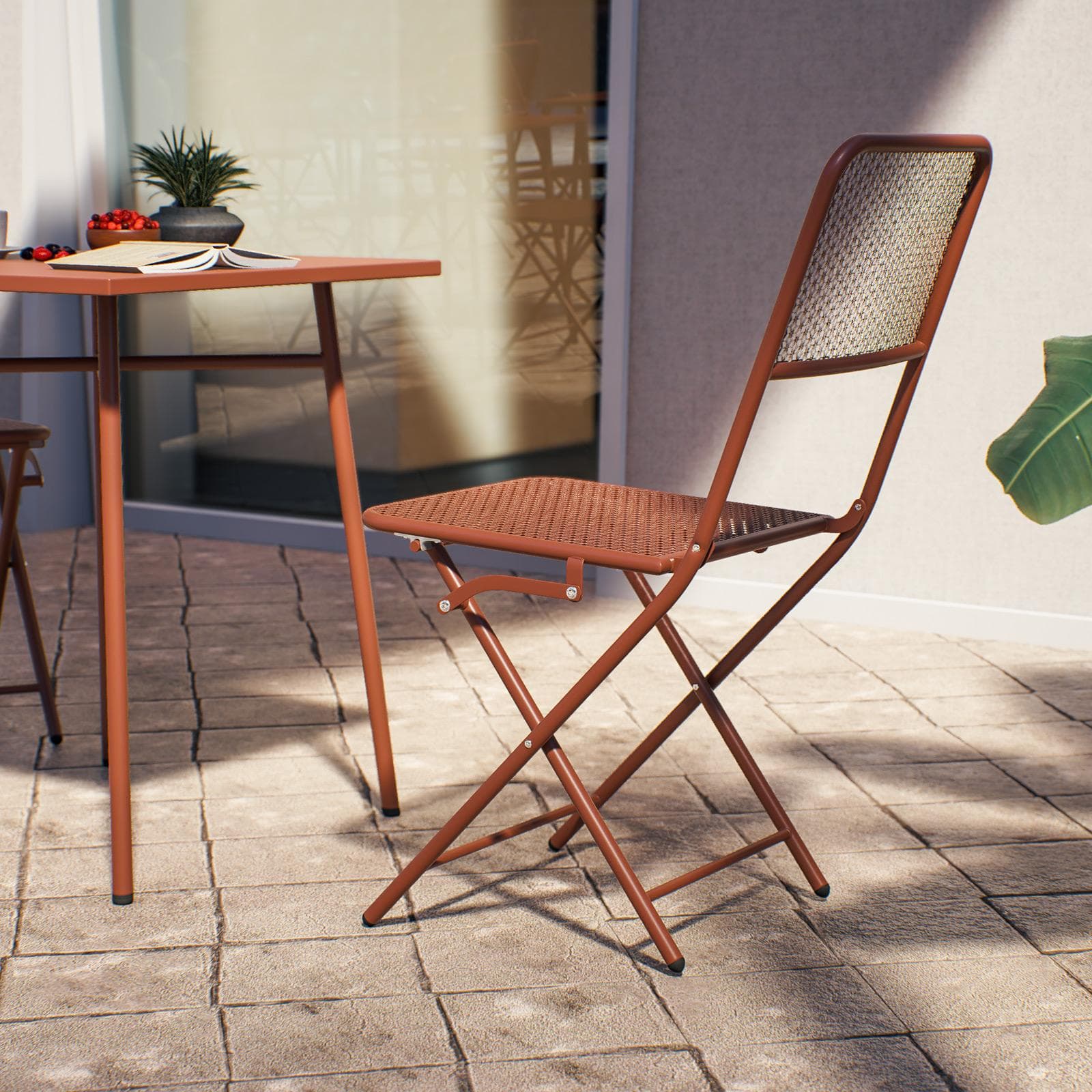 Set bistrot con tavolo 60x60 cm e 2 sedie pieghevoli in acciaio terracotta - Faber
