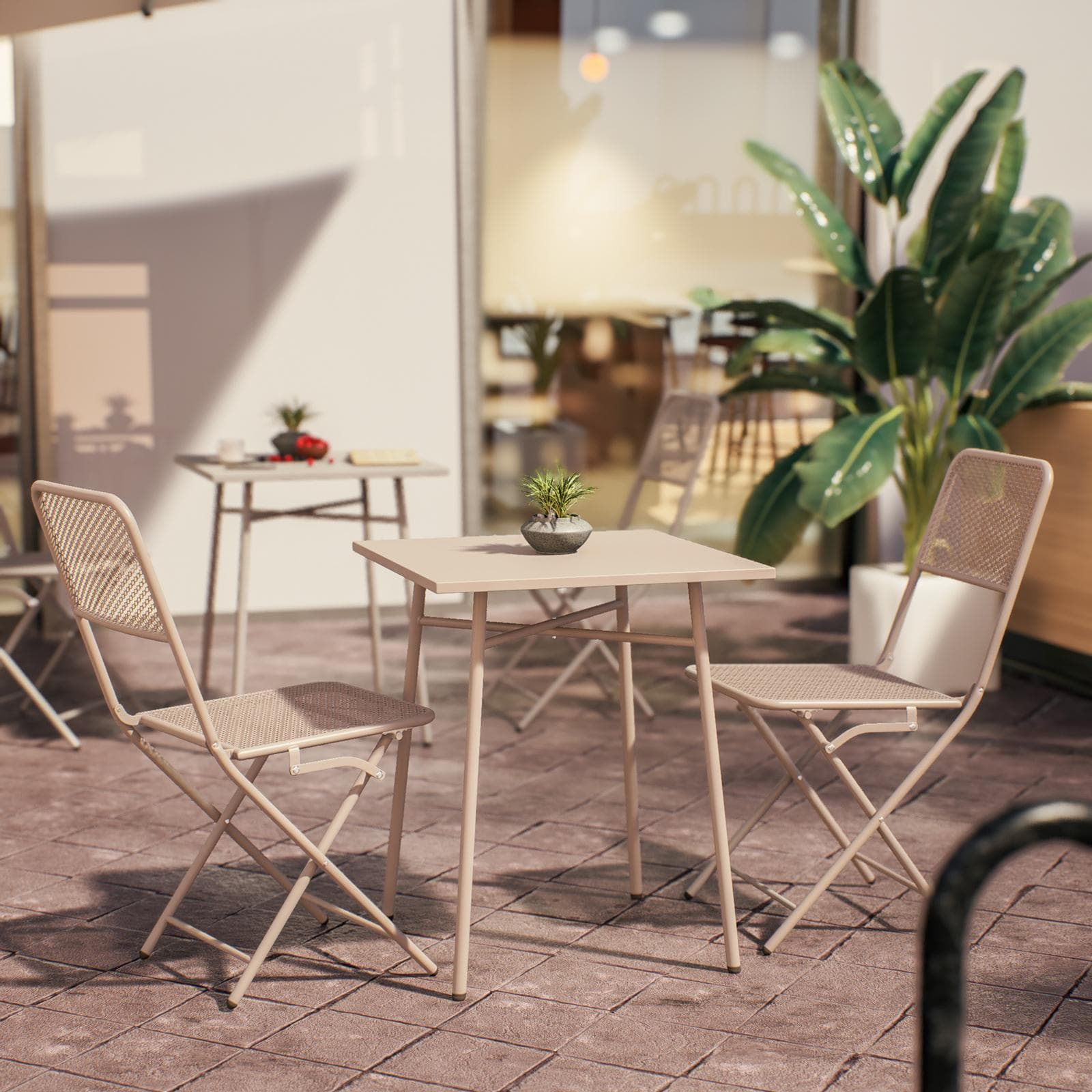 Set bistrot con tavolo 60x60 cm e 2 sedie pieghevoli in acciaio vaniglia - Faber
