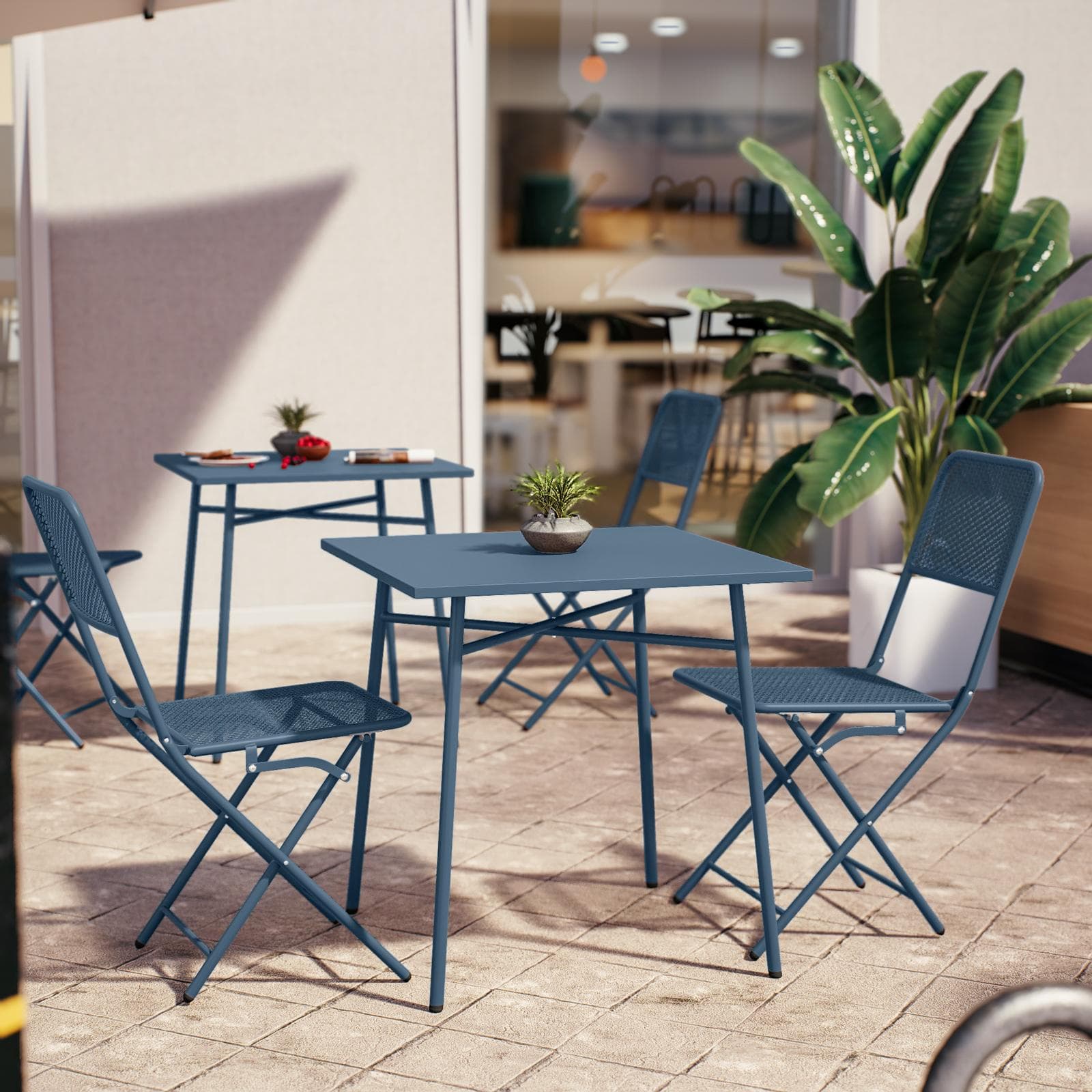 Set bistrot con tavolo 70x70 cm e 2 sedie pieghevole in acciaio blu oceano - Faber