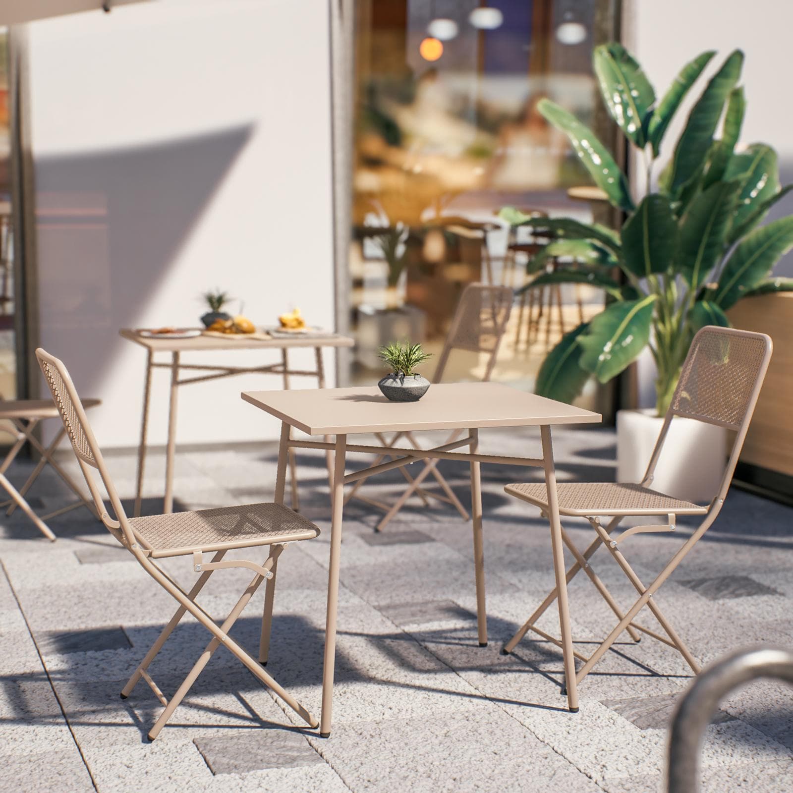 Set bistrot con tavolo 70x70 cm e 2 sedie pieghevole in acciaio vaniglia - Faber