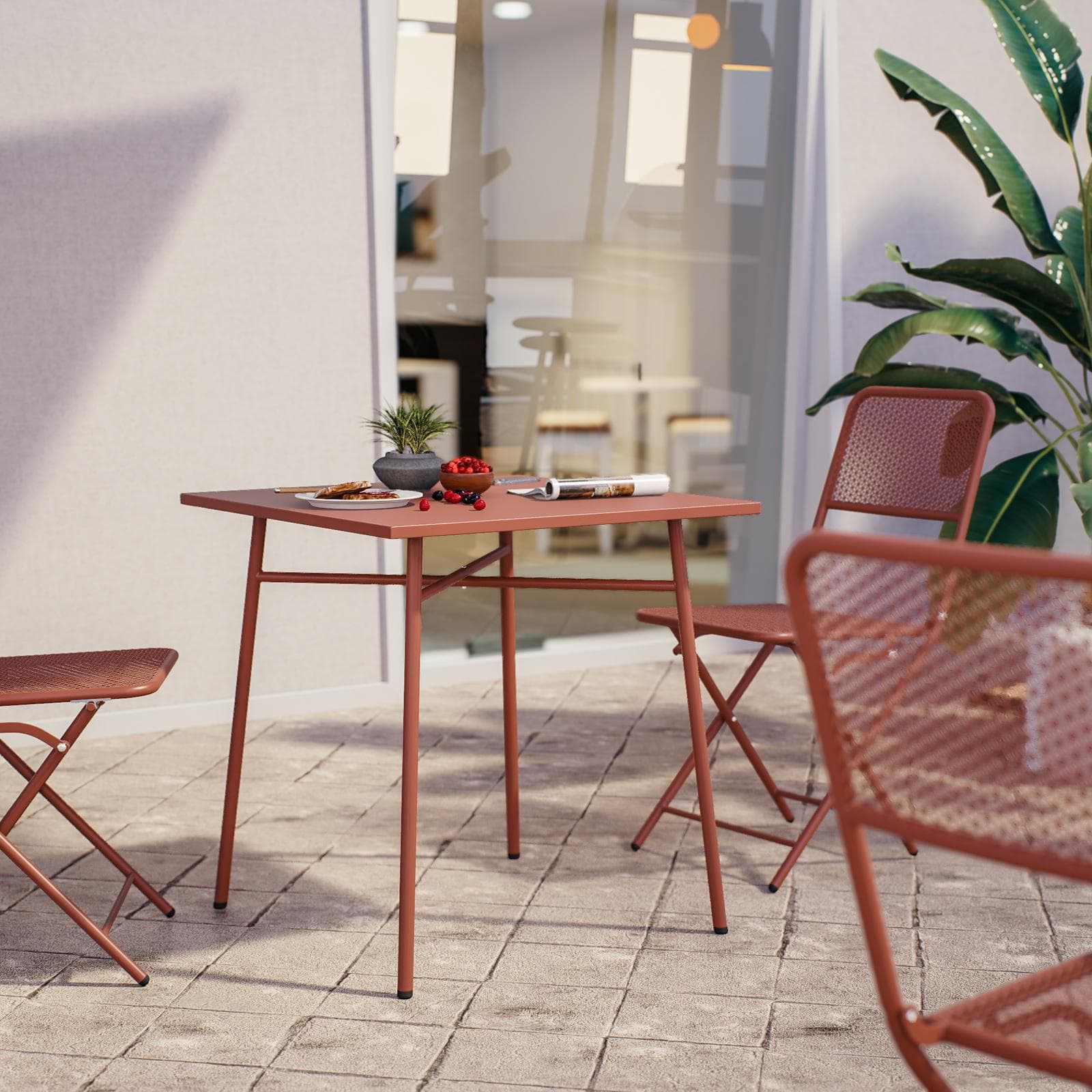 Set bistrot con tavolo 70x70 cm e 2 sedie pieghevoli in acciaio terracotta - Faber