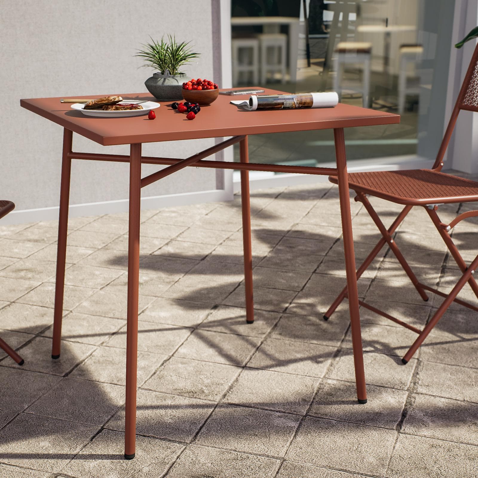 Set bistrot con tavolo 70x70 cm e 2 sedie pieghevoli in acciaio terracotta - Faber