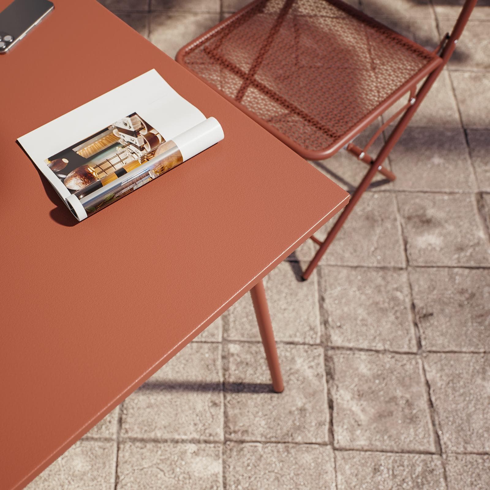 Set bistrot con tavolo 70x70 cm e 2 sedie pieghevoli in acciaio terracotta - Faber