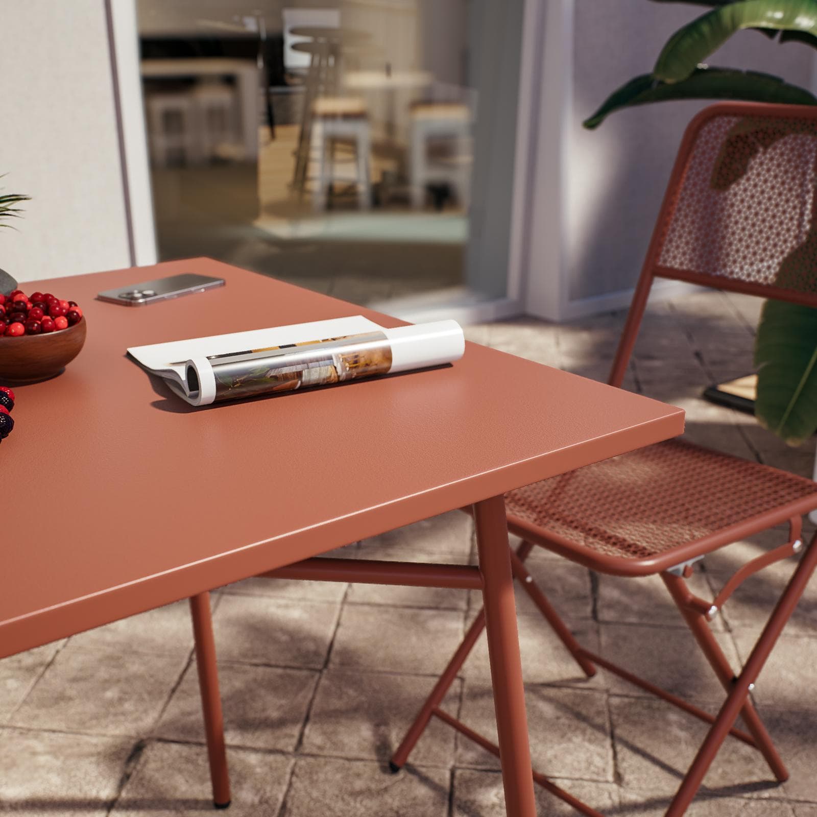 Set bistrot con tavolo 70x70 cm e 2 sedie pieghevoli in acciaio terracotta - Faber
