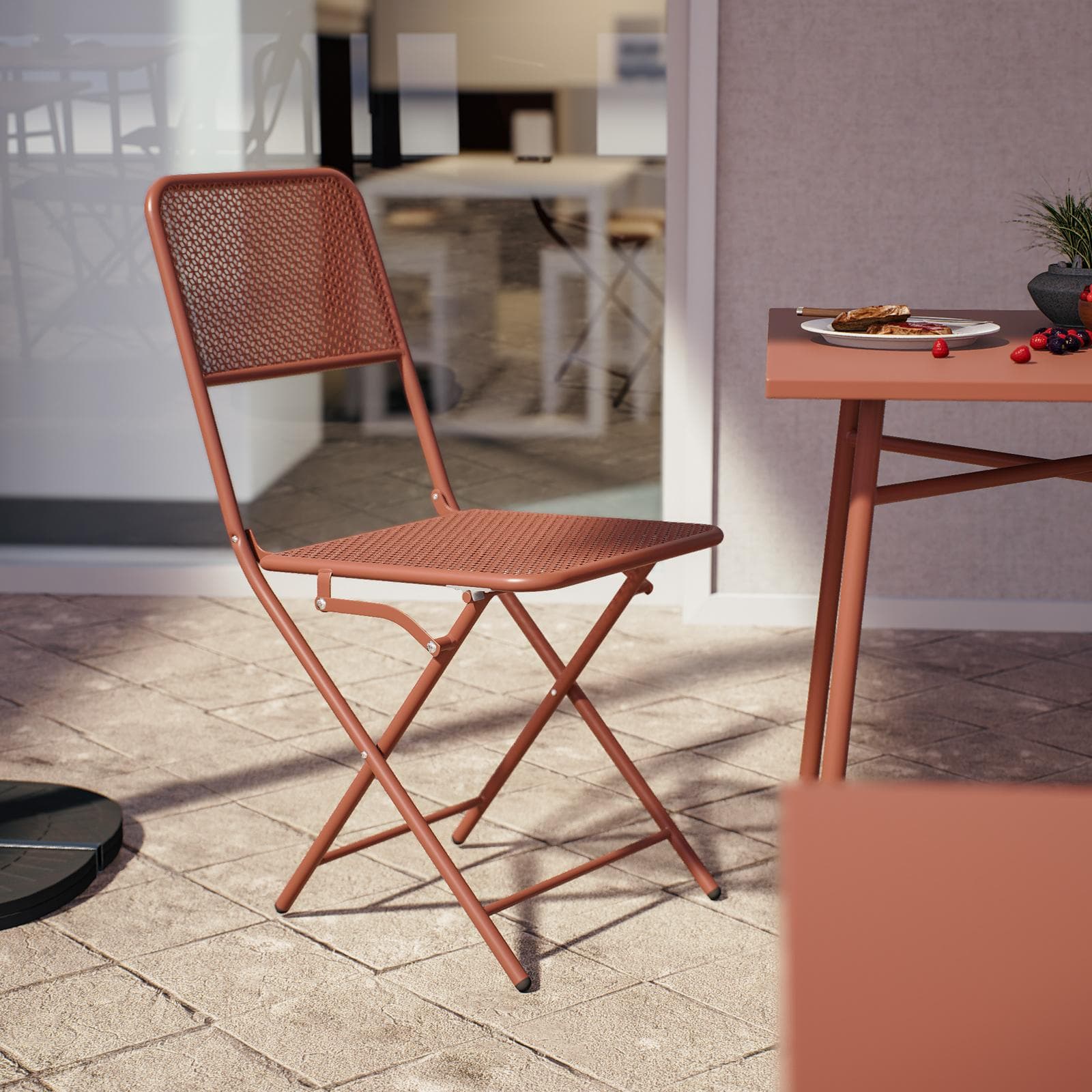 Set bistrot con tavolo 70x70 cm e 2 sedie pieghevoli in acciaio terracotta - Faber
