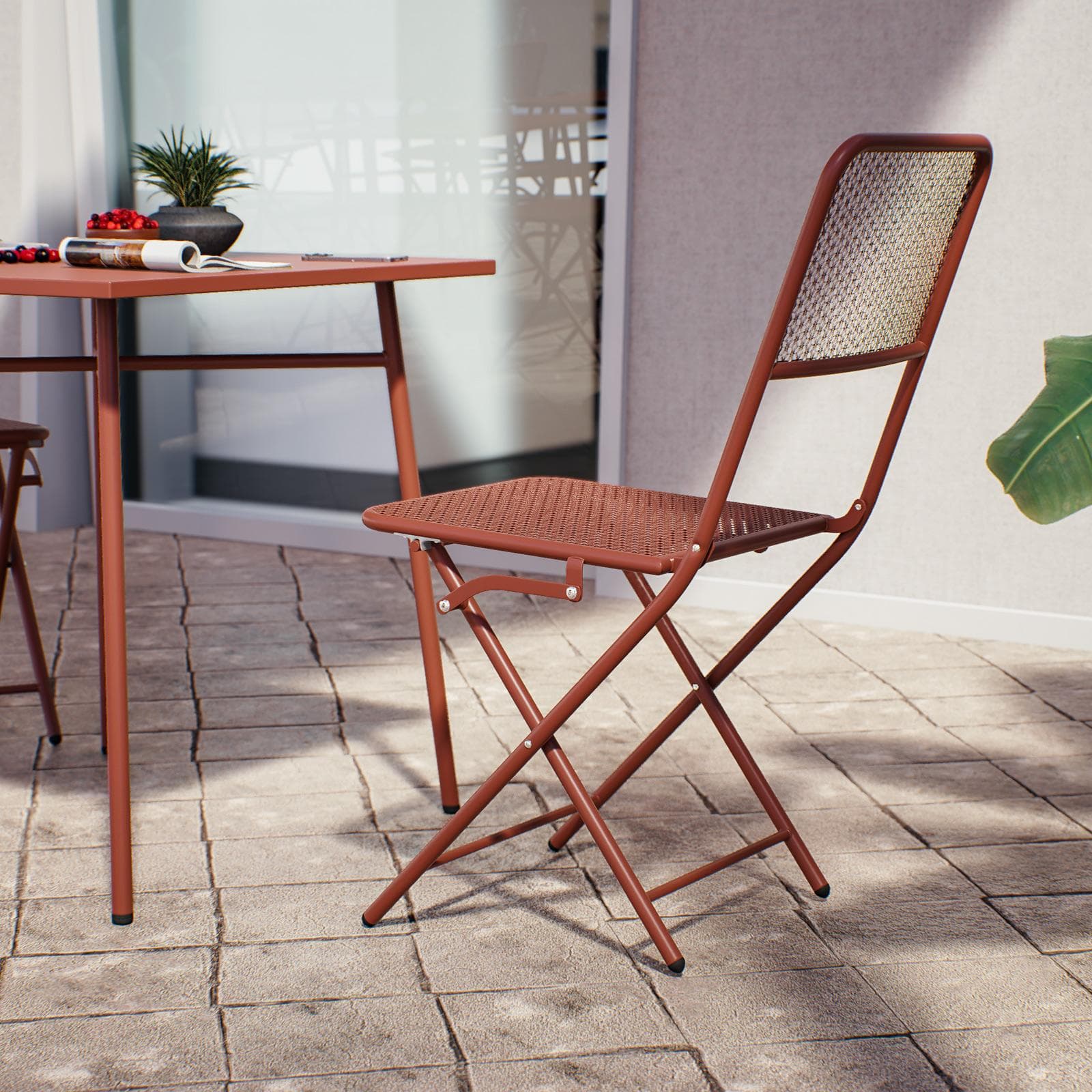Set bistrot con tavolo 70x70 cm e 2 sedie pieghevoli in acciaio terracotta - Faber