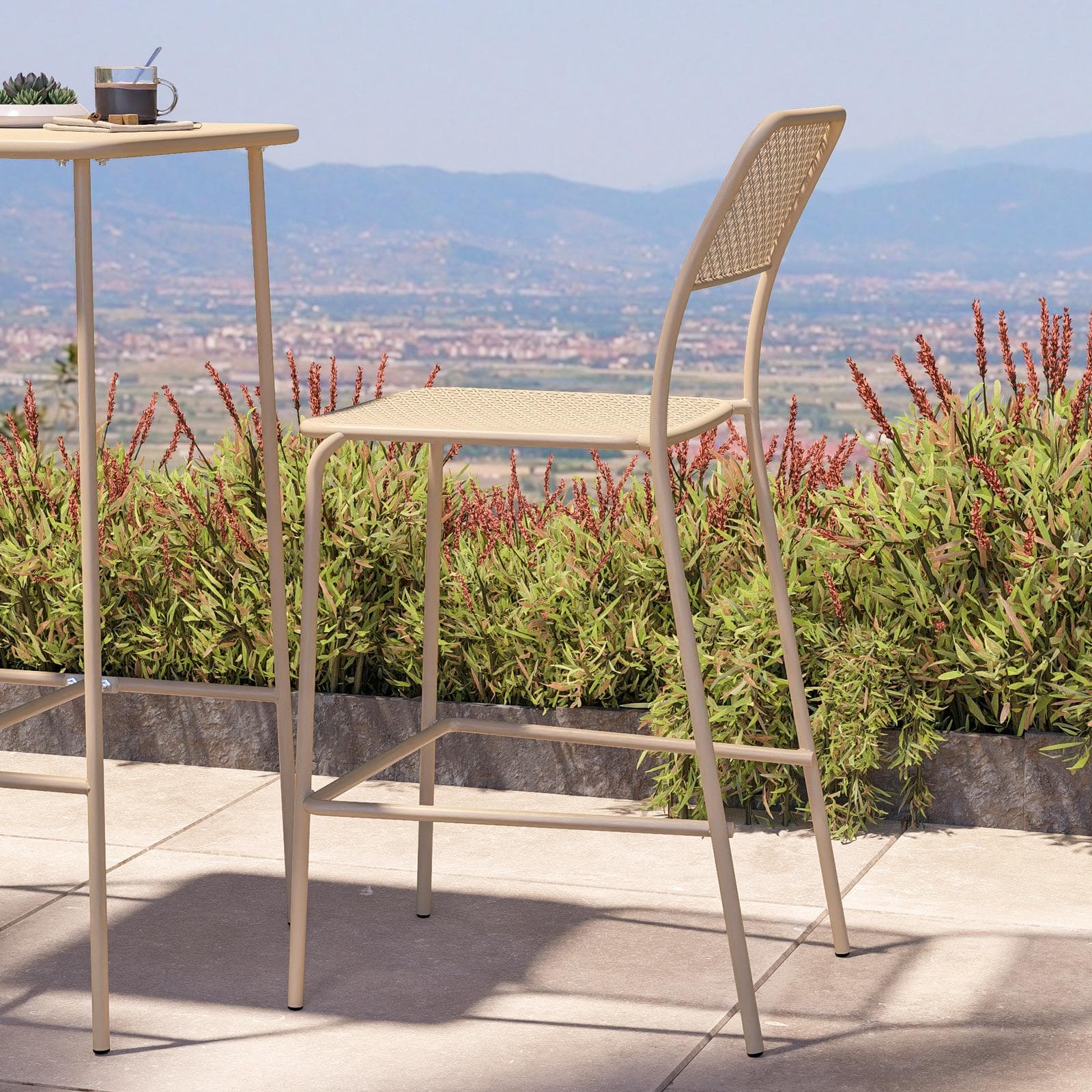 Set bistrot con tavolo alto 60x60 cm e 2 sgabelli in acciaio vaniglia - Faber