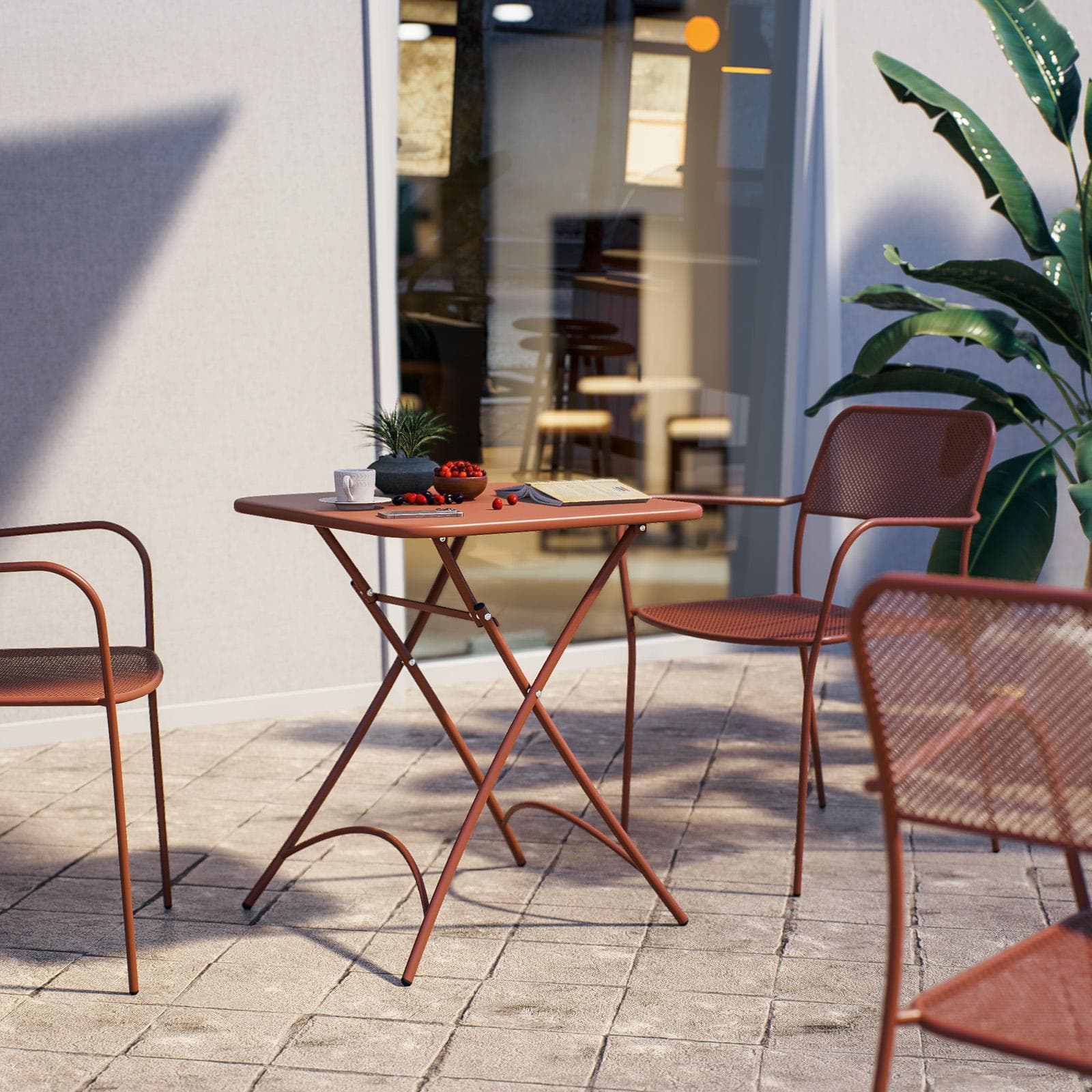 Set bistrot con tavolo pieghevole 60x60 cm e 2 sedie con braccioli in acciaio terracotta - Faber