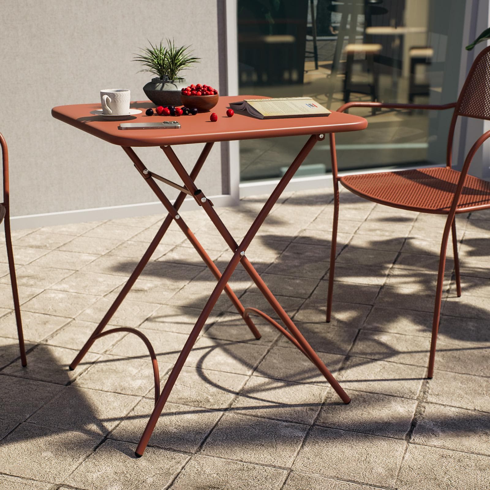 Set bistrot con tavolo pieghevole 60x60 cm e 2 sedie con braccioli in acciaio terracotta - Faber