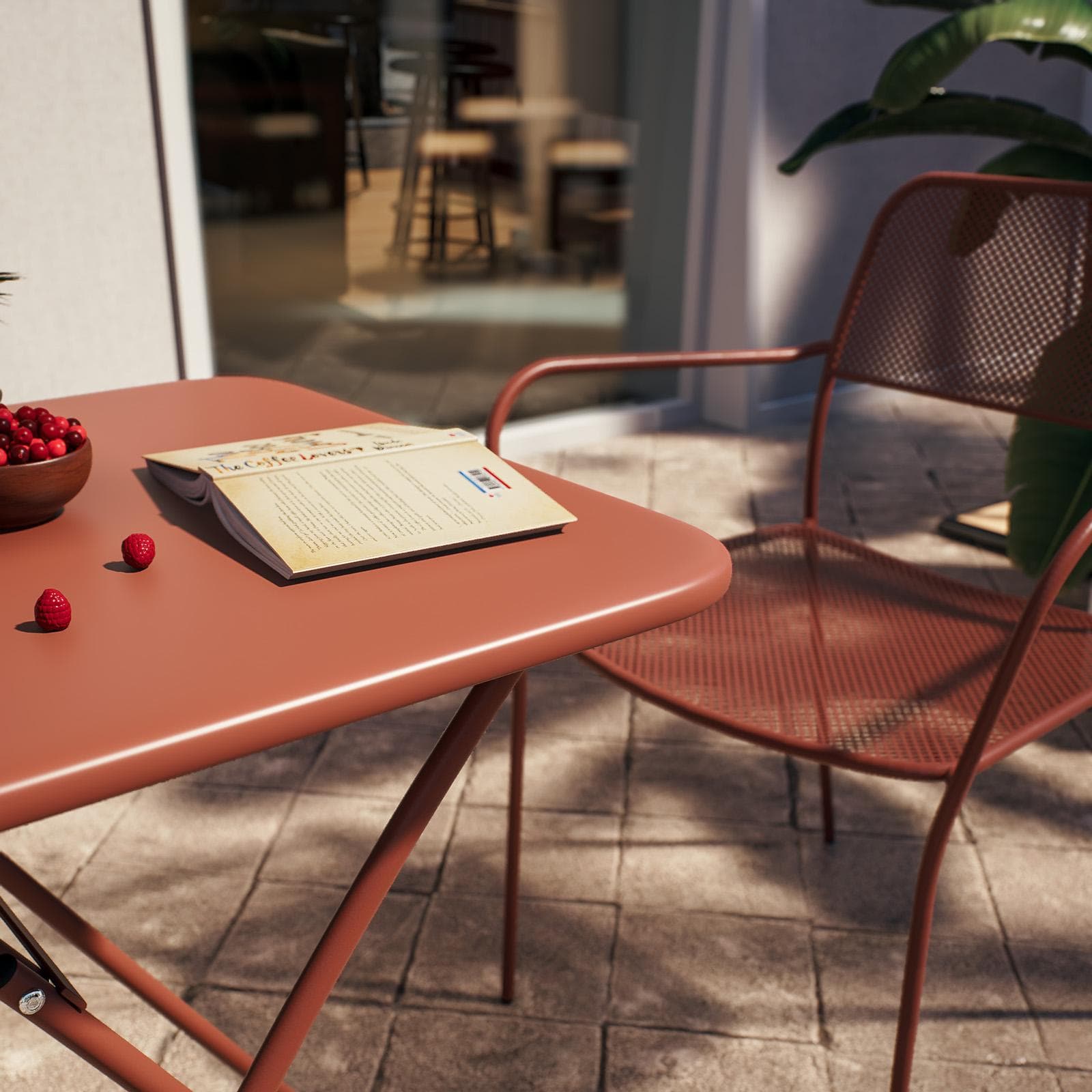 Set bistrot con tavolo pieghevole 60x60 cm e 2 sedie con braccioli in acciaio terracotta - Faber