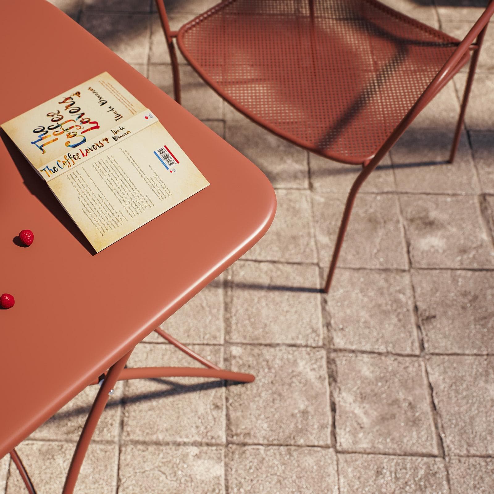 Set bistrot con tavolo pieghevole 60x60 cm e 2 sedie con braccioli in acciaio terracotta - Faber