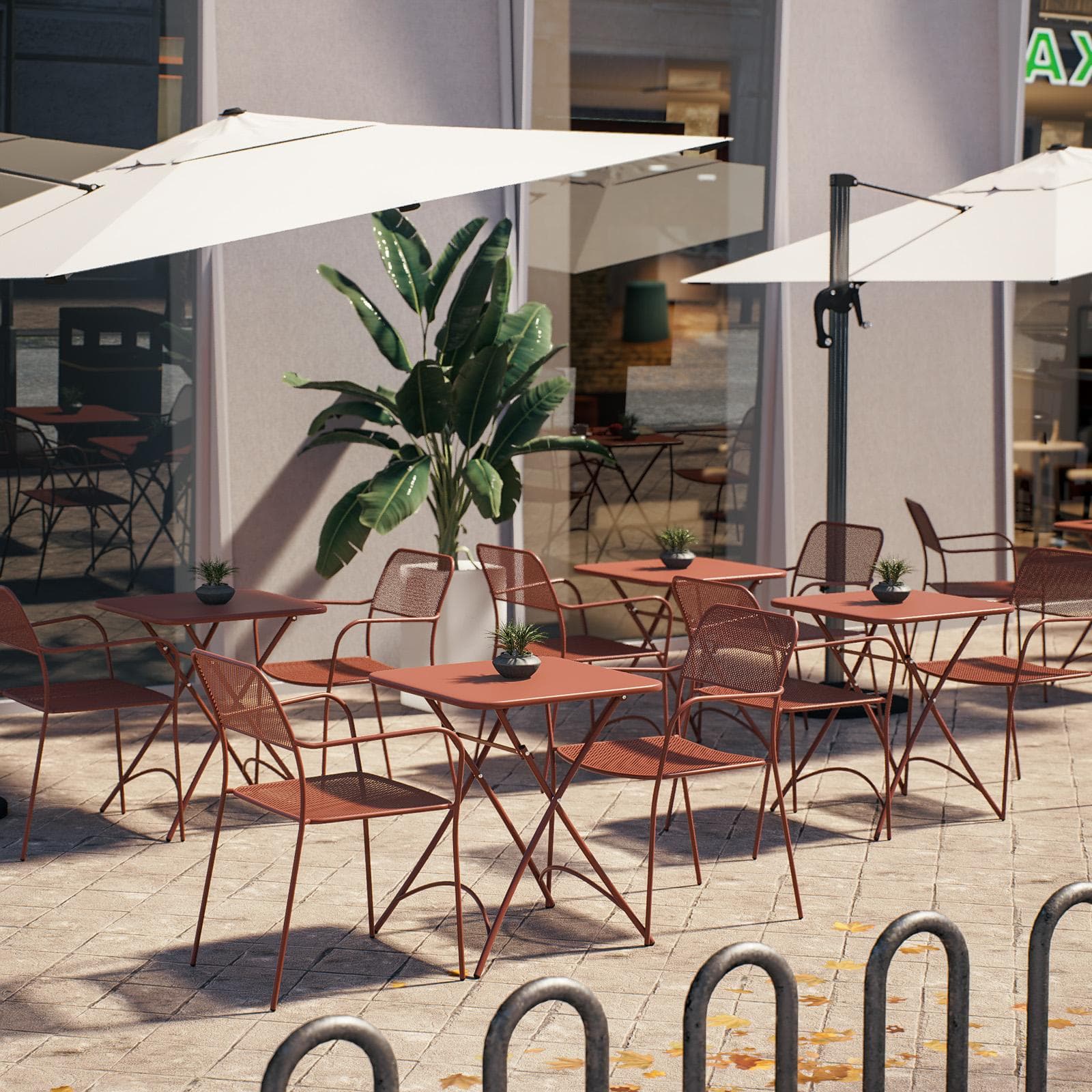 Set bistrot con tavolo pieghevole 60x60 cm e 2 sedie con braccioli in acciaio terracotta - Faber
