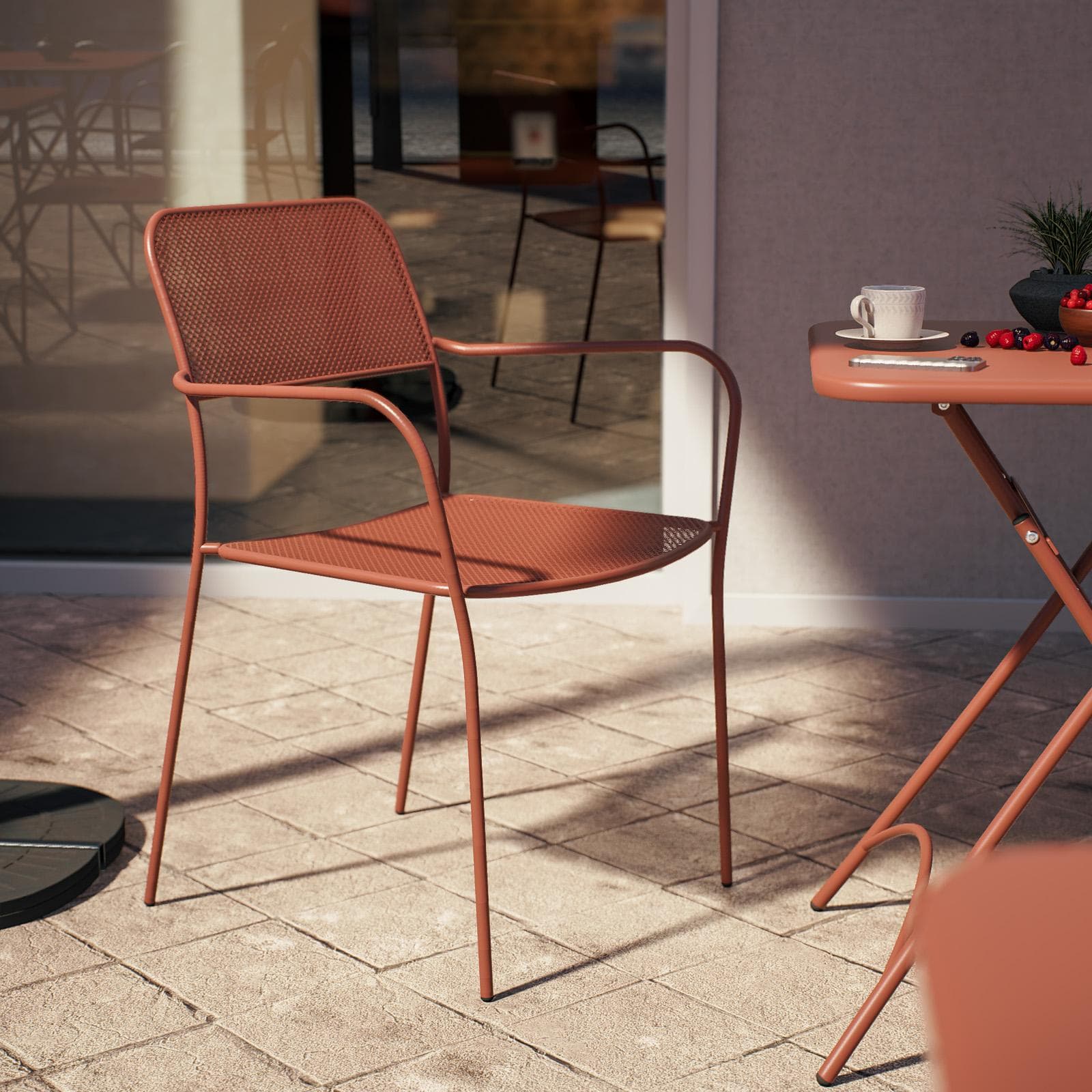 Set bistrot con tavolo pieghevole 60x60 cm e 2 sedie con braccioli in acciaio terracotta - Faber