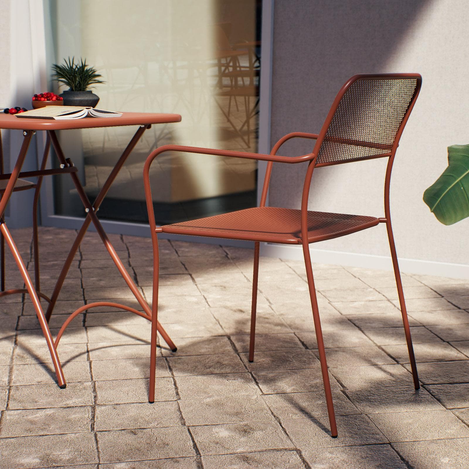 Set bistrot con tavolo pieghevole 60x60 cm e 2 sedie con braccioli in acciaio terracotta - Faber