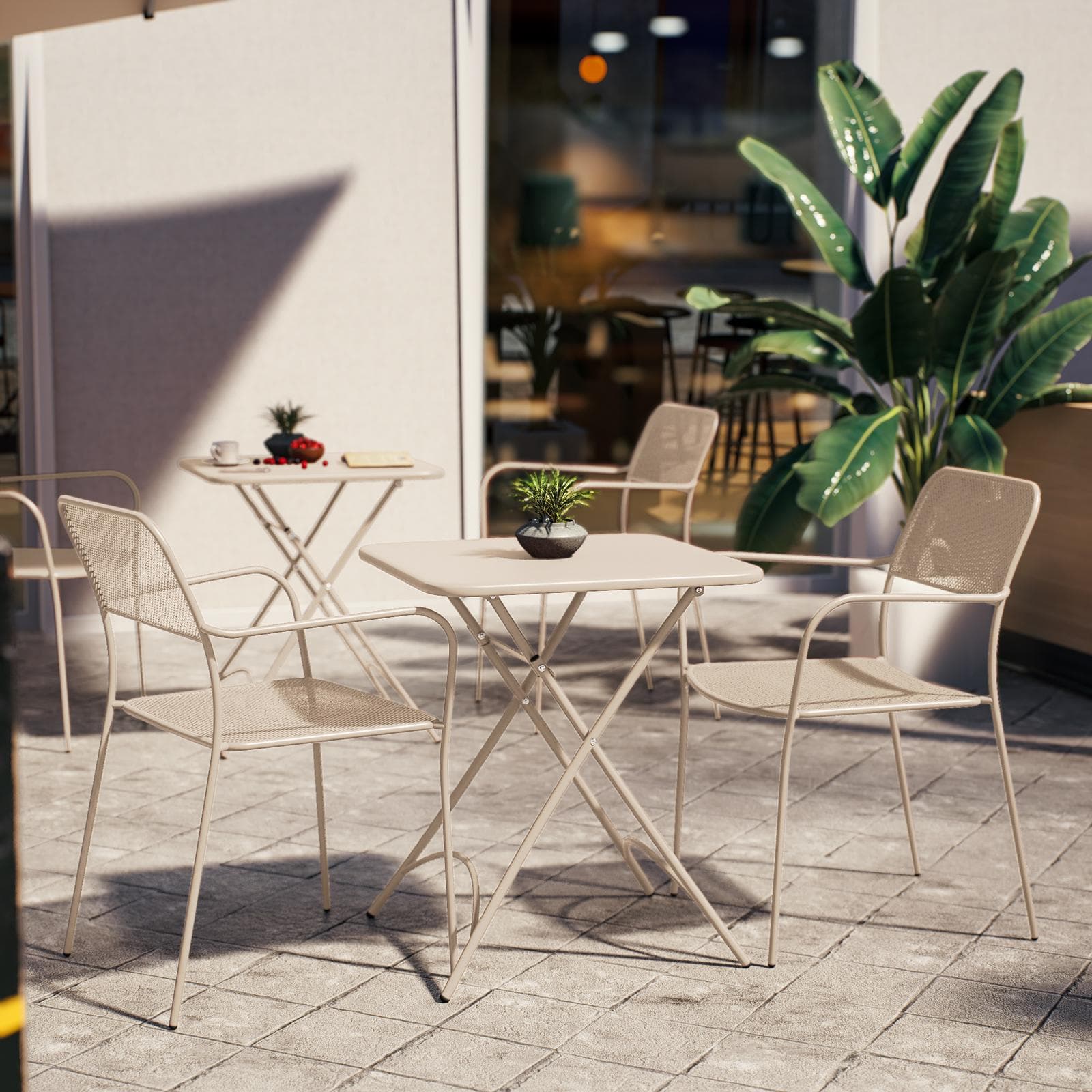 Set bistrot con tavolo pieghevole 60x60 cm e 2 sedie con braccioli in acciaio vaniglia - Faber
