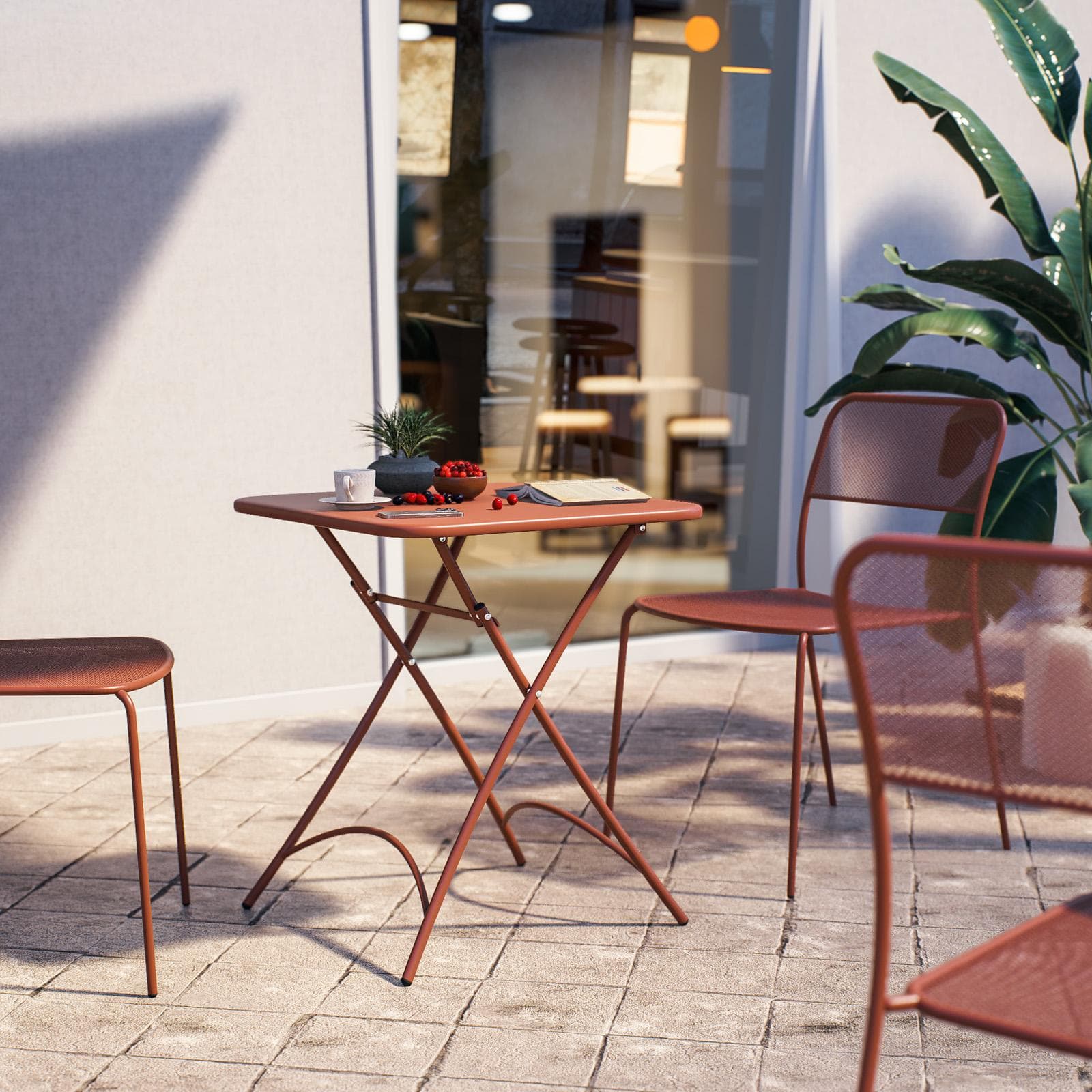 Set bistrot con tavolo pieghevole 60x60 cm e 2 sedie in acciaio terracotta - Faber