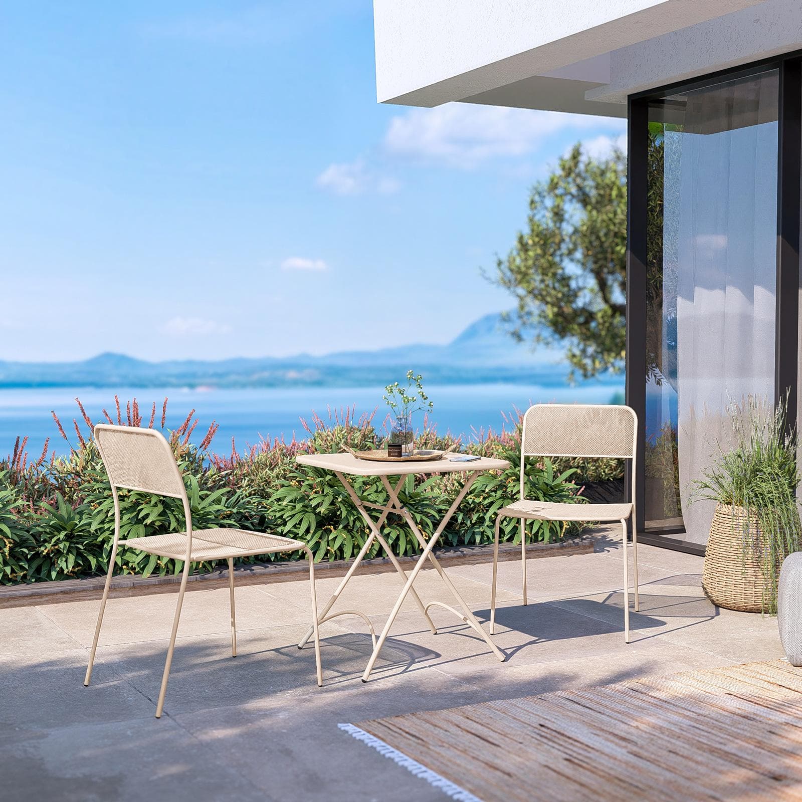 Set bistrot con tavolo pieghevole 60x60 cm e 2 sedie in acciaio vaniglia - Faber