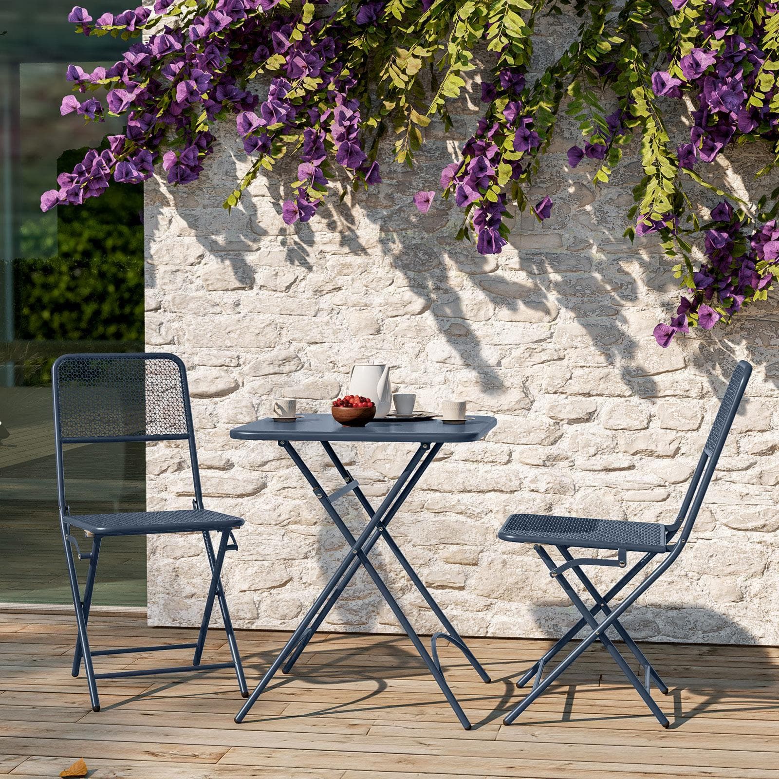 Set bistrot con tavolo pieghevole 60x60 cm e 2 sedie pieghevoli in acciaio blu oceano - Faber