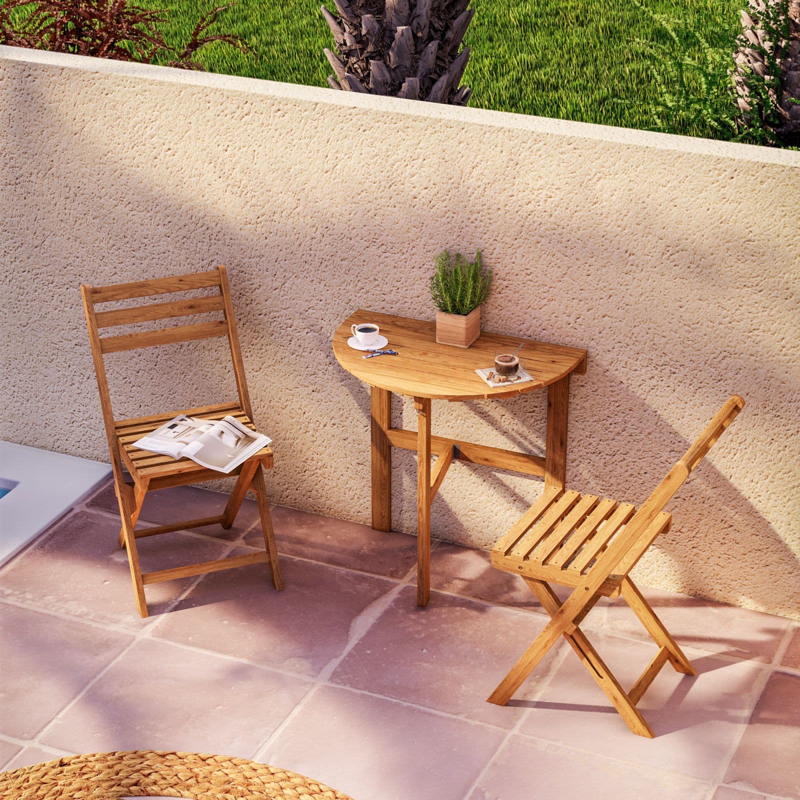Set bistrot salvaspazio con tavolo pieghevole e 2 sedie pieghevoli in legno massello di acacia - Nauru