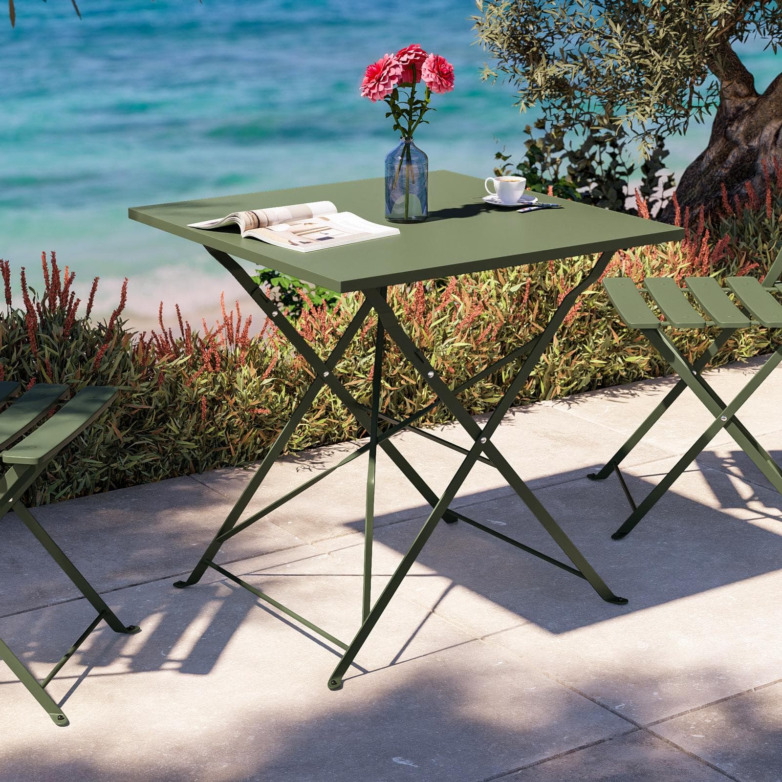 Set bistrot pieghevole con tavolo 70x70 cm e 2 sedie in metallo verde salvia - Atelier